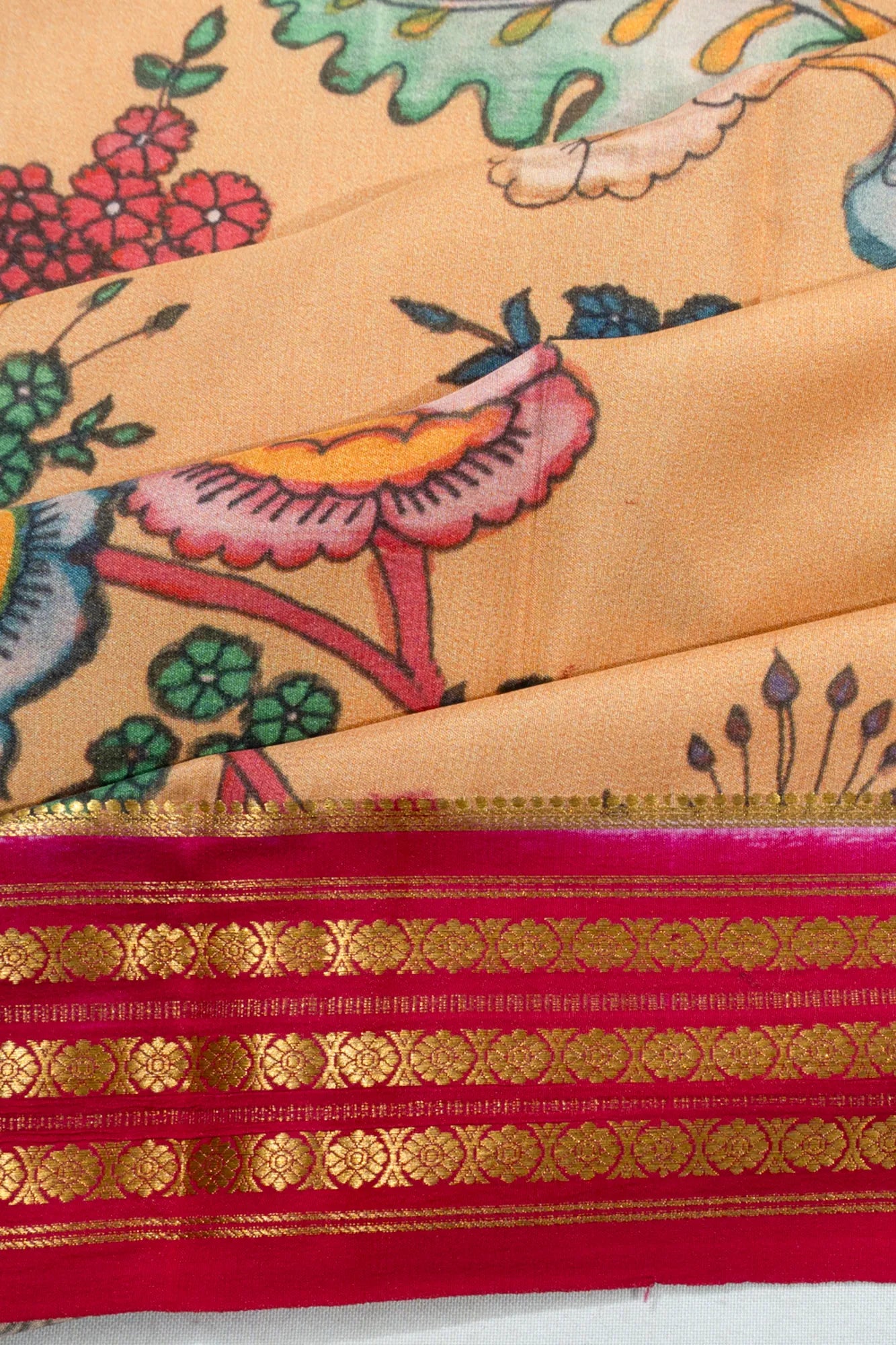 Binny Silk Kalamkari Hand Painted Cream Saree