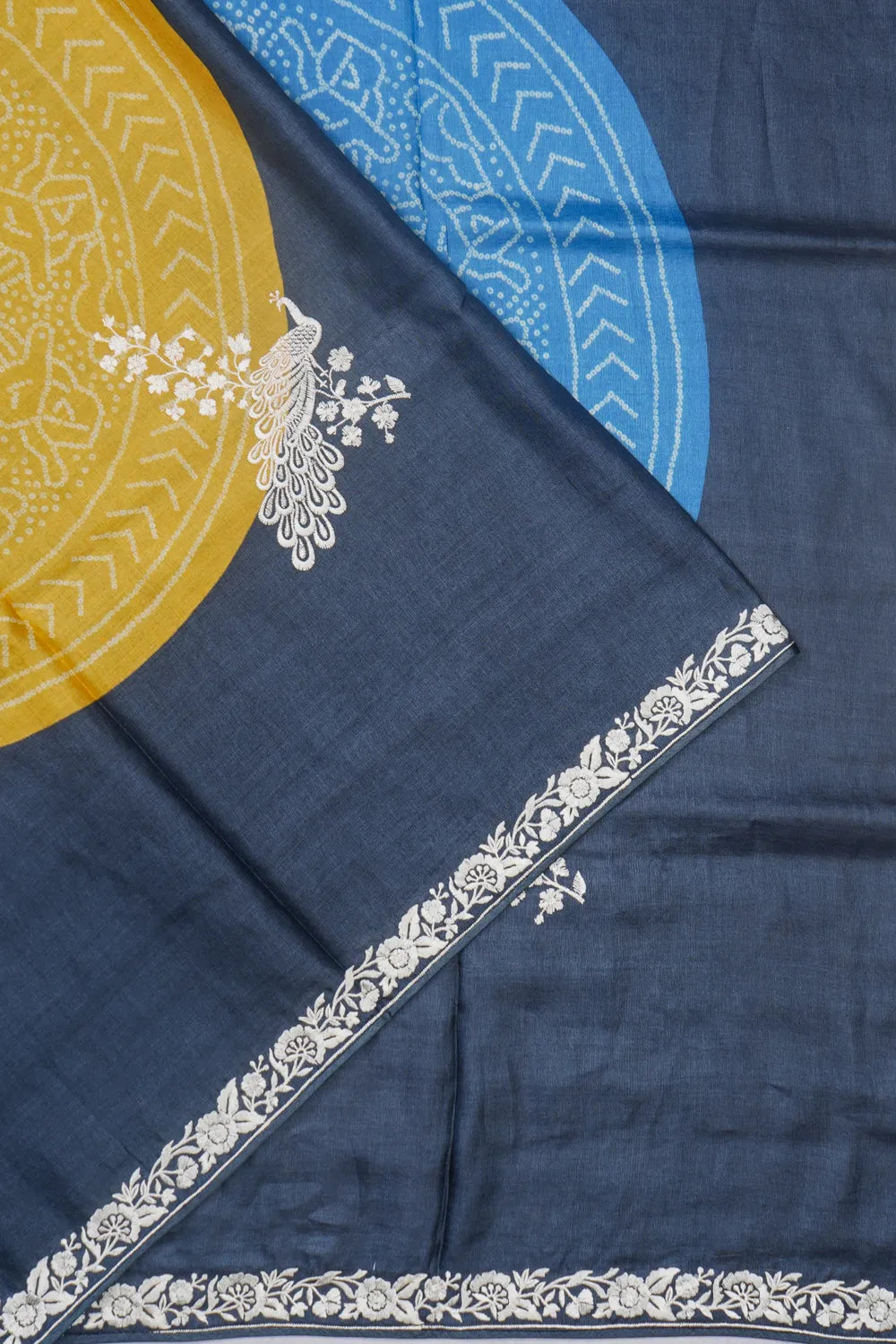 Tussar Printed And Embroidery Butta Dark Blue Saree