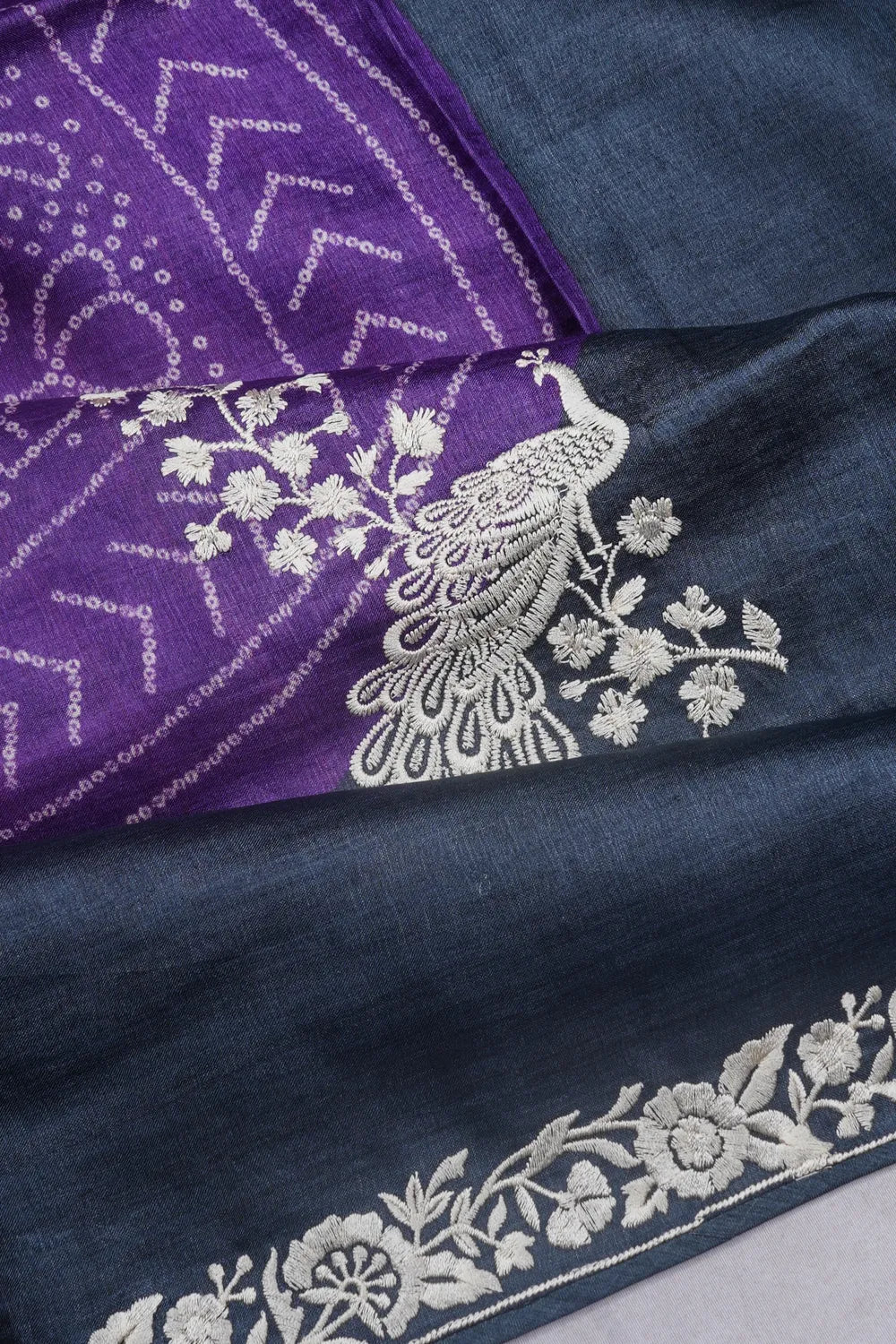 Tussar Printed And Embroidery Butta Dark Blue Saree