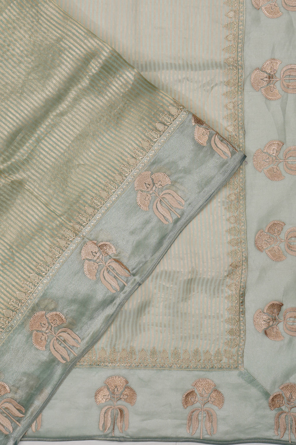 Organza Tissue Vertical Lines Green Saree With Embroidery Border