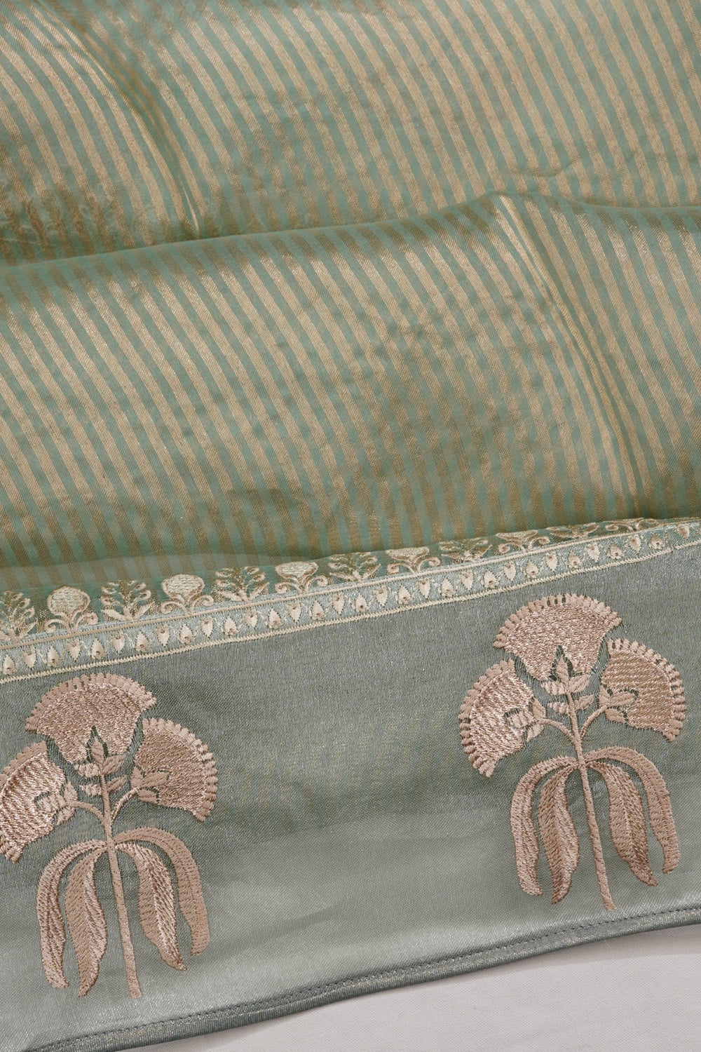 Organza Tissue Vertical Lines Green Saree With Embroidery Border