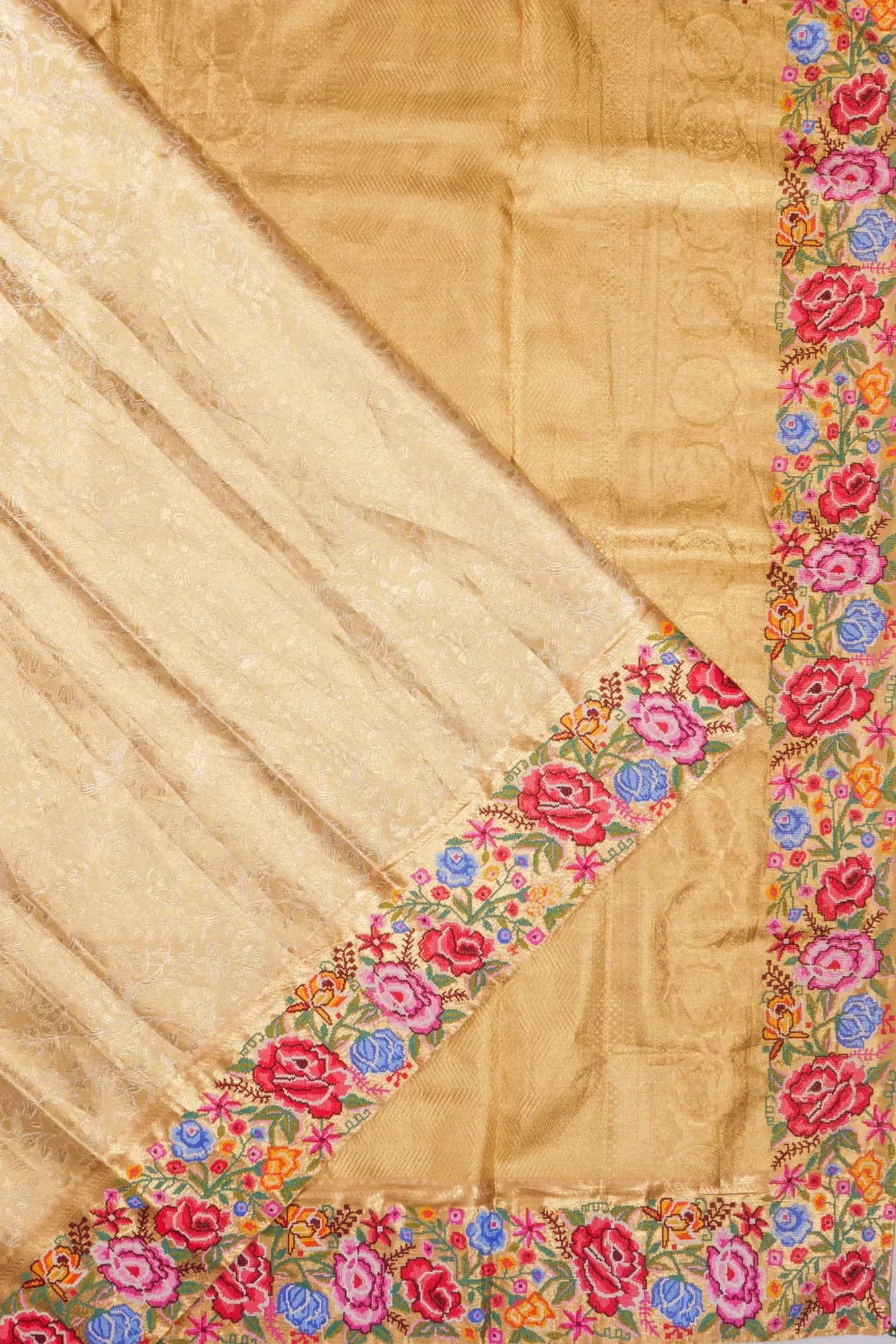 Kanchipuram Silk Tissue Brocade Gold Saree With Embroidery Border