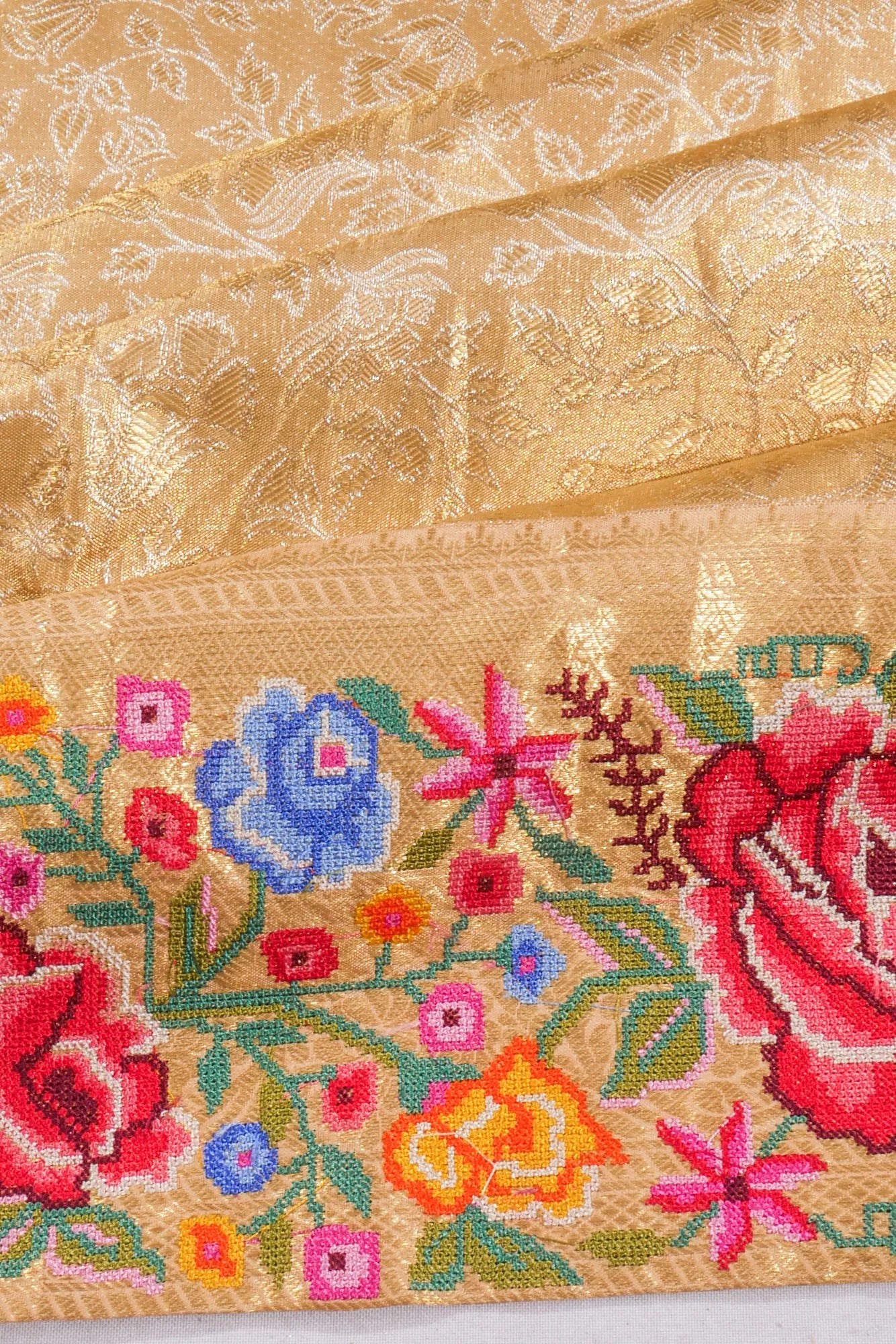 Kanchipuram Silk Tissue Brocade Gold Saree With Embroidery Border