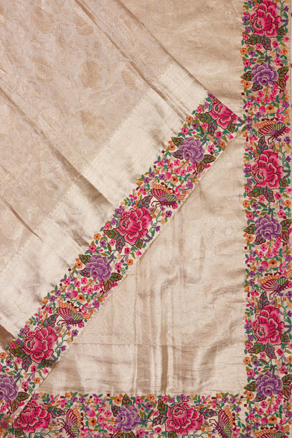 Kanchipuram Silk Tissue Jaal Gold Saree With Embroidery Border