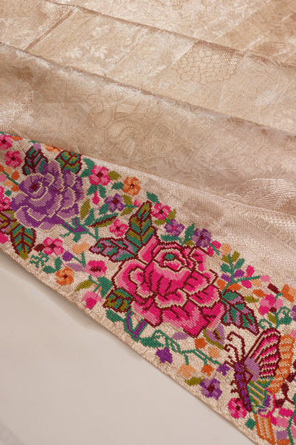 Kanchipuram Silk Tissue Jaal Gold Saree With Embroidery Border