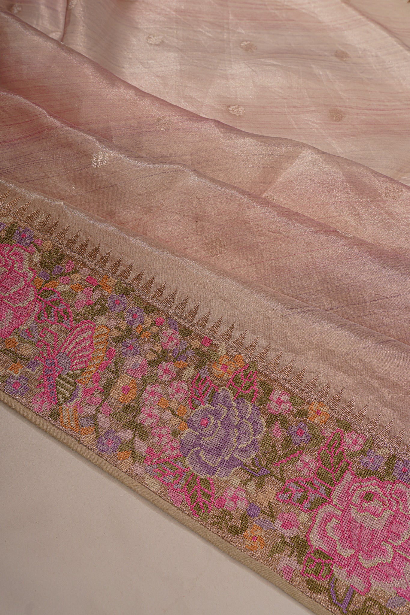 Organza Tissue Butta Pink Saree With Embroidery Border