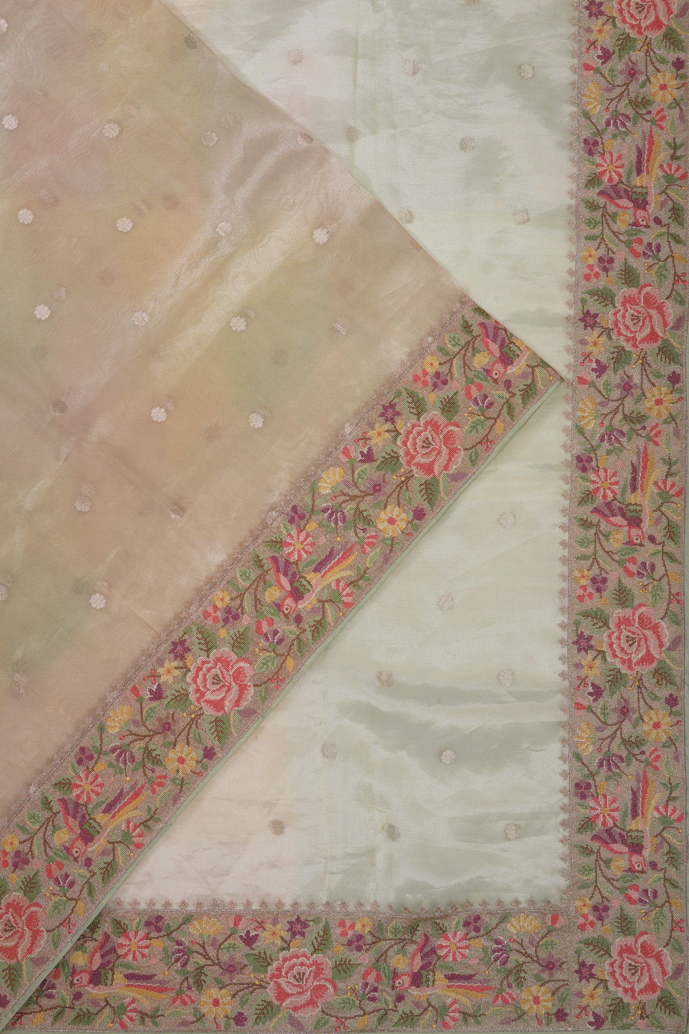 Organza Tissue Butta Cream Saree With Attached Embroidery Border