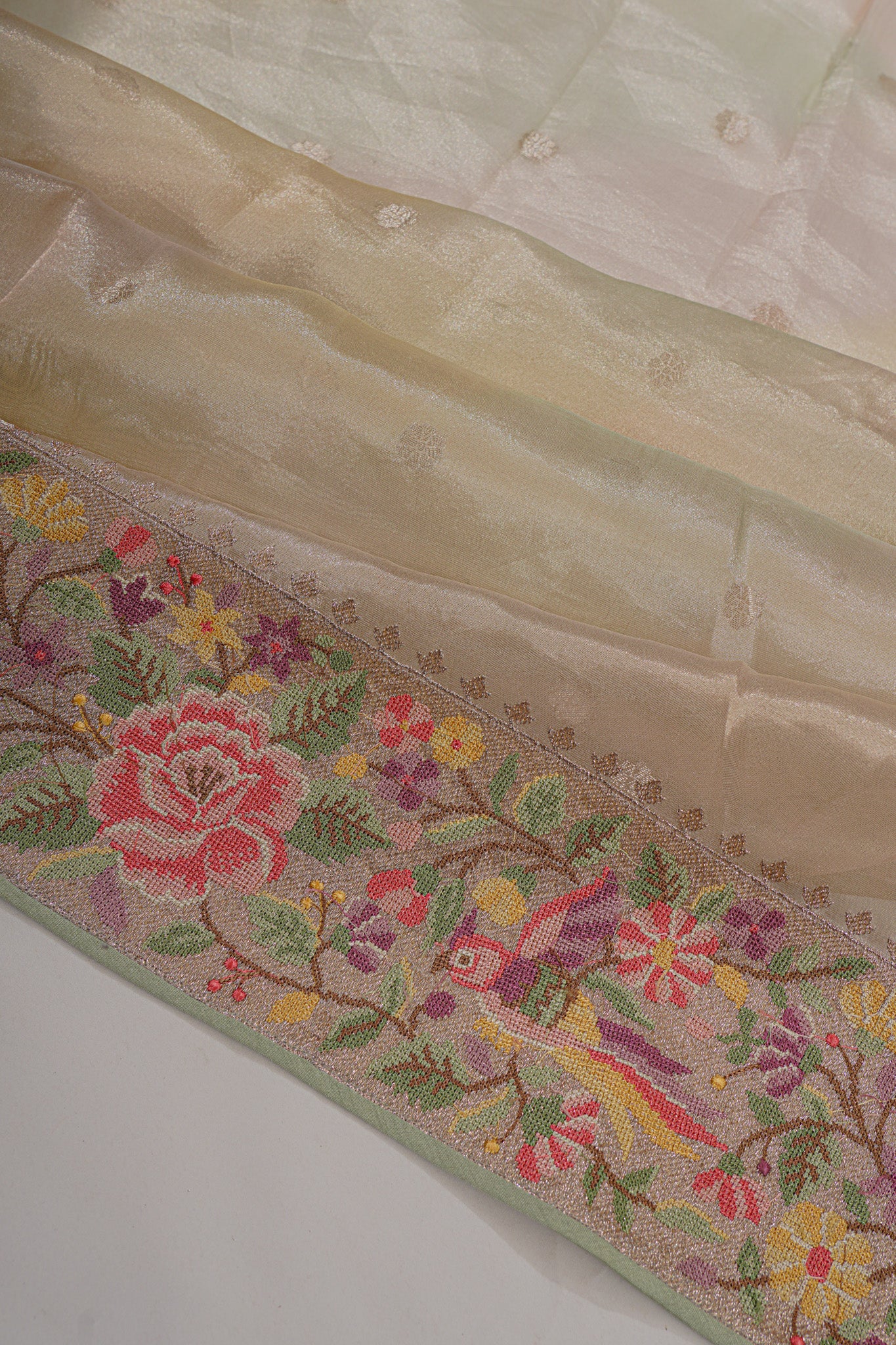 Organza Tissue Butta Cream Saree With Attached Embroidery Border