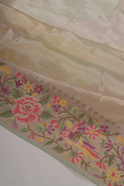 Organza Tissue Butta Cream Saree With Attached Embroidery Border