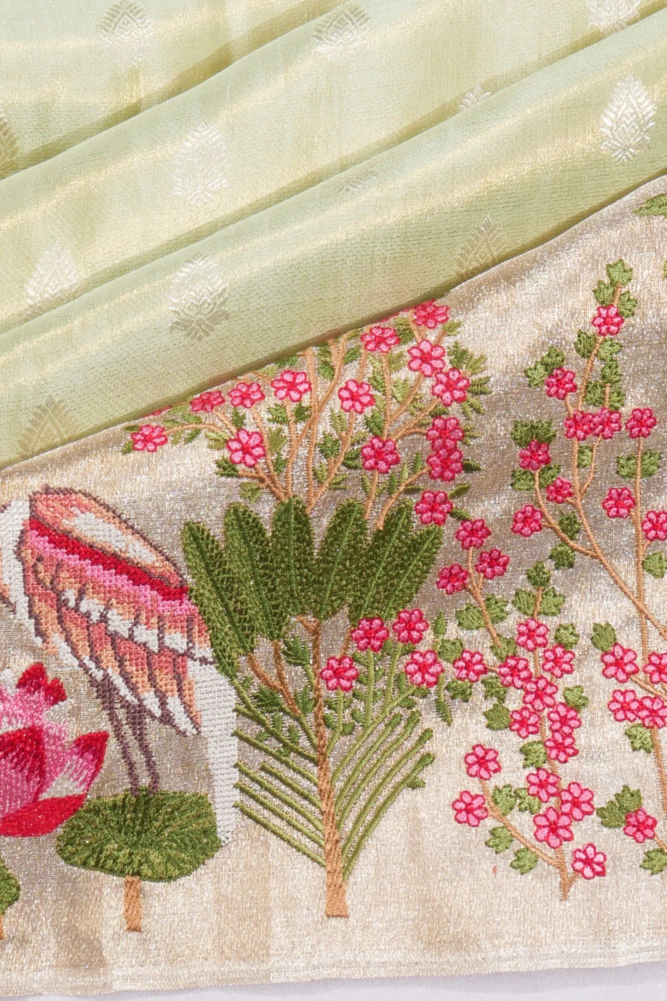 Kanchipuram Silk Tissue Butta Pastel Green Saree With Embroidery Border