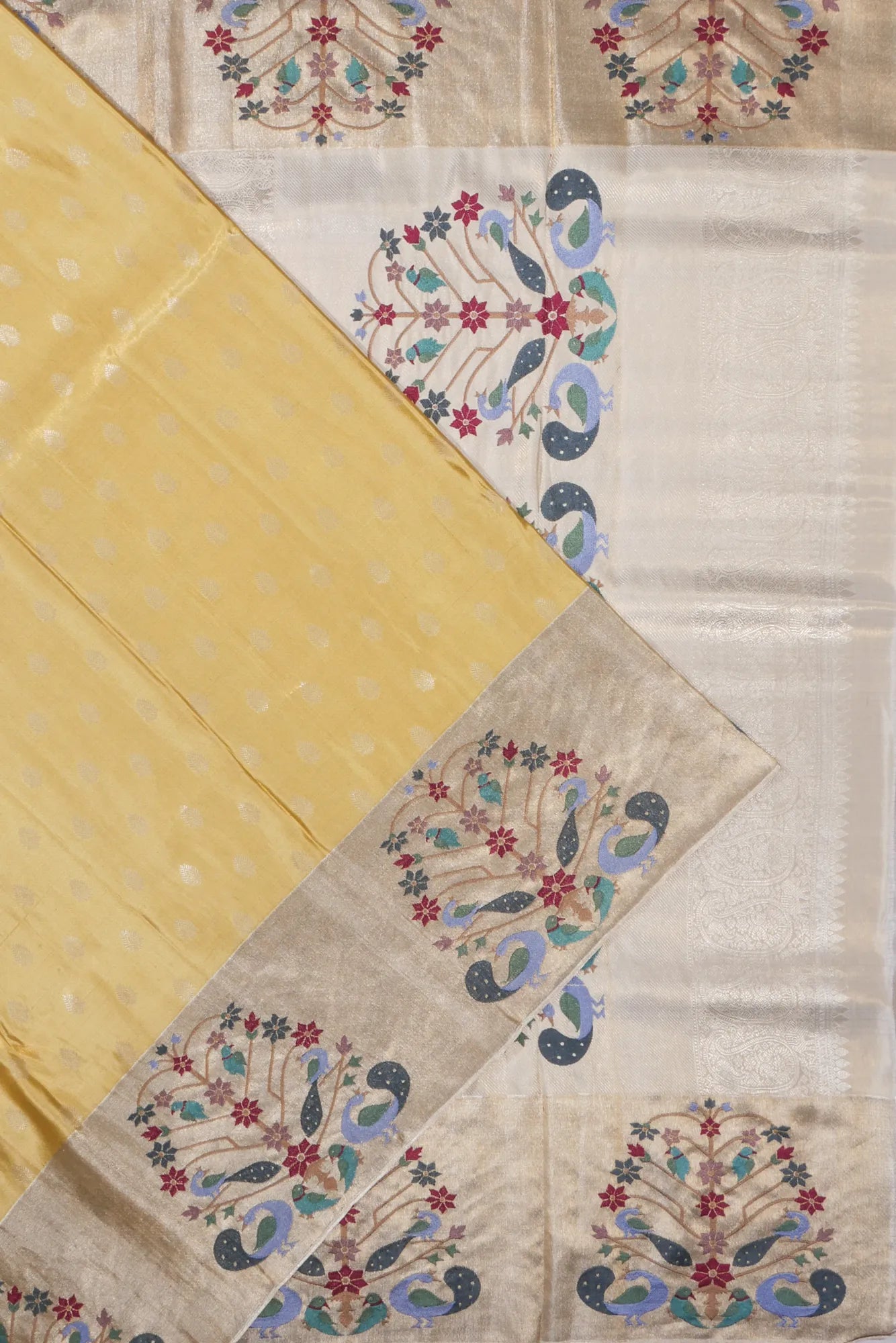 Kanchipuram Silk Tissue Butta Yellow Saree With Embroidery Border