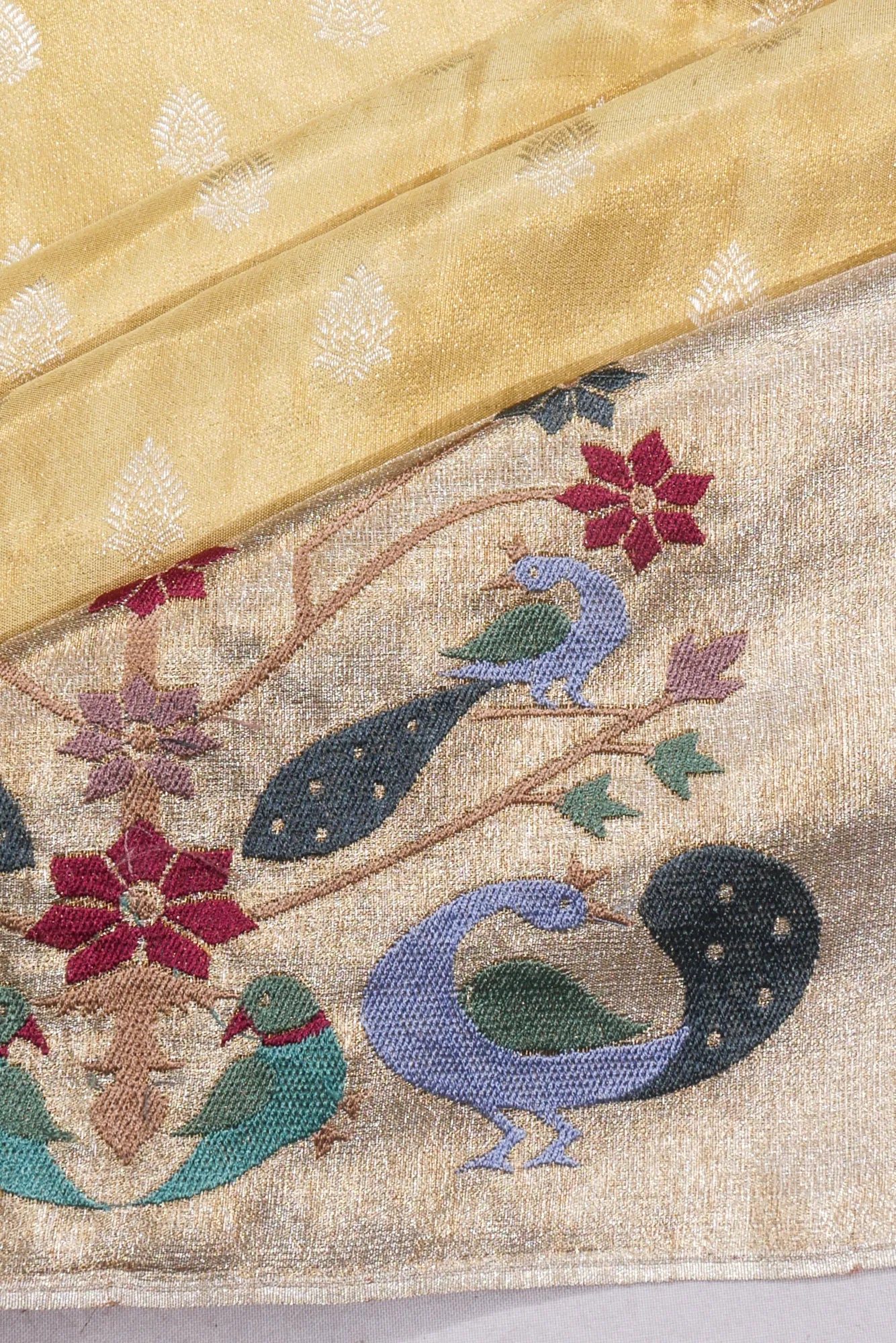 Kanchipuram Silk Tissue Butta Yellow Saree With Embroidery Border