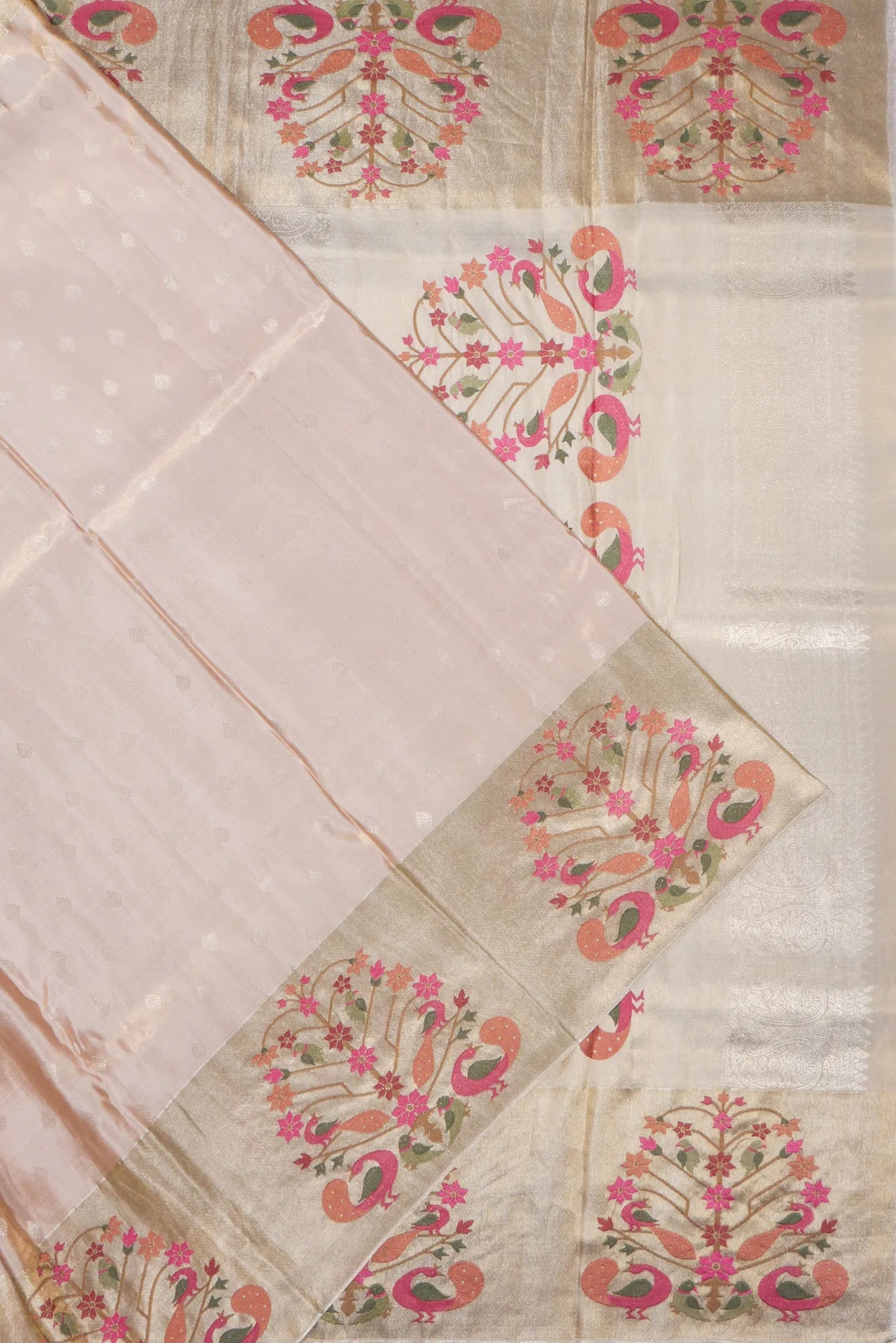 Kanchipuram Silk Tissue Butta Peach Saree With Embroidery Border
