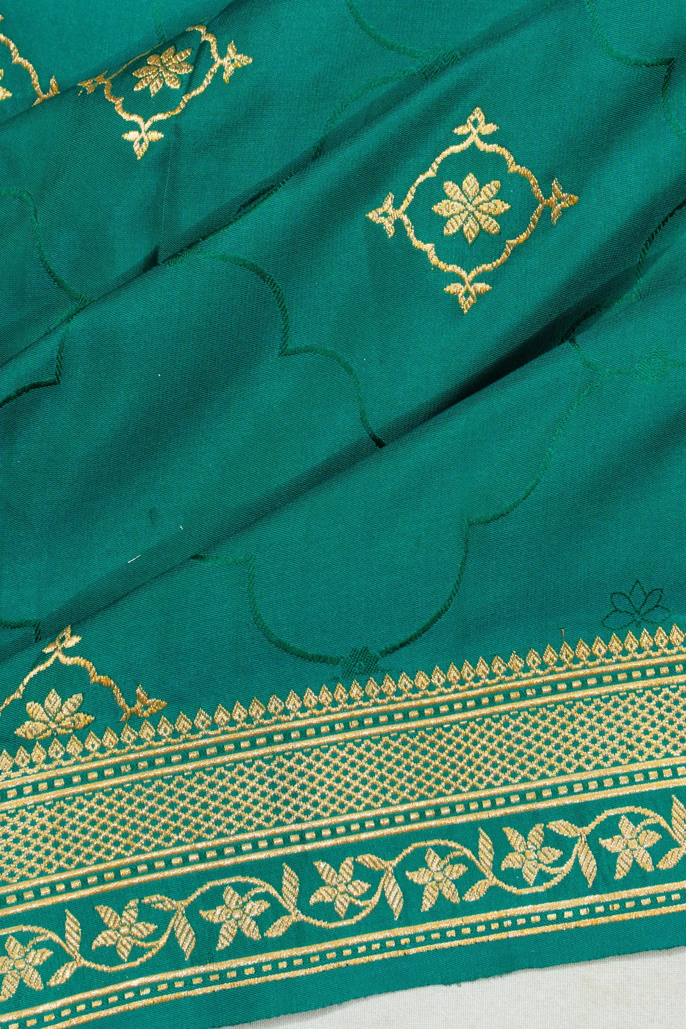 Banarasi Silk Tanchai And Butta Teal Green Saree