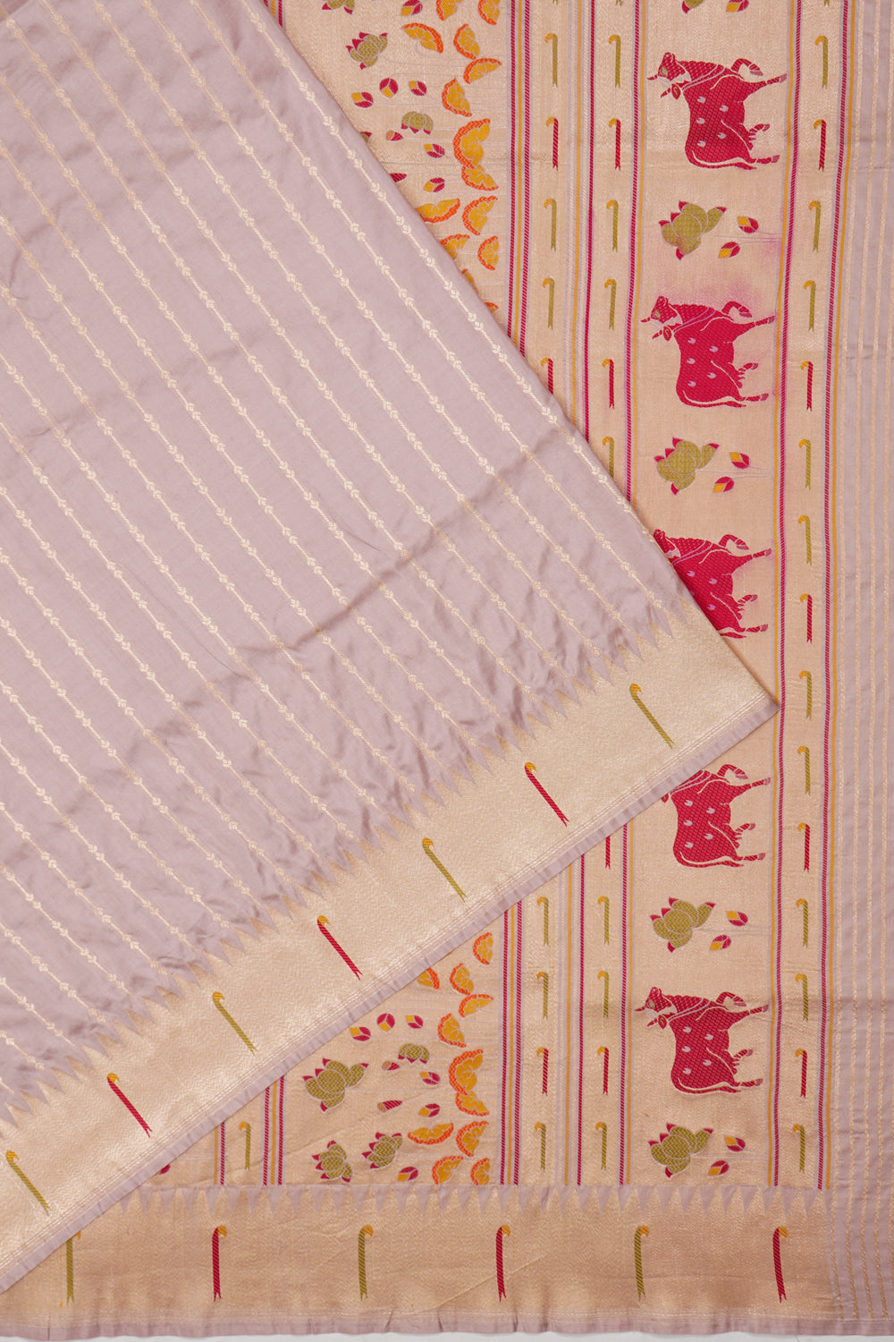 Banarasi Silk Vertical Lines Lilac Saree With Paithani Inspired Border