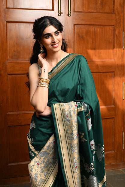 Banarasi Silk Jaal Dark Green Saree