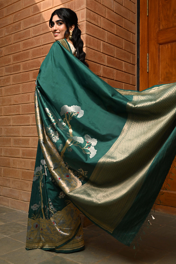 Banarasi Silk Jaal Dark Green Saree