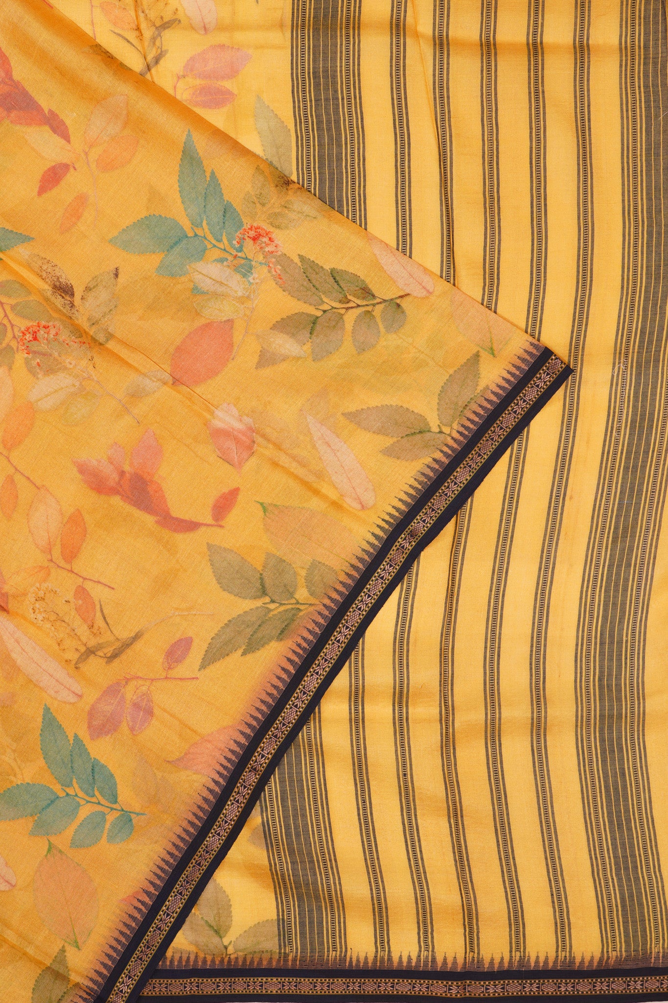 Tussar Floral Printed Yellow Saree