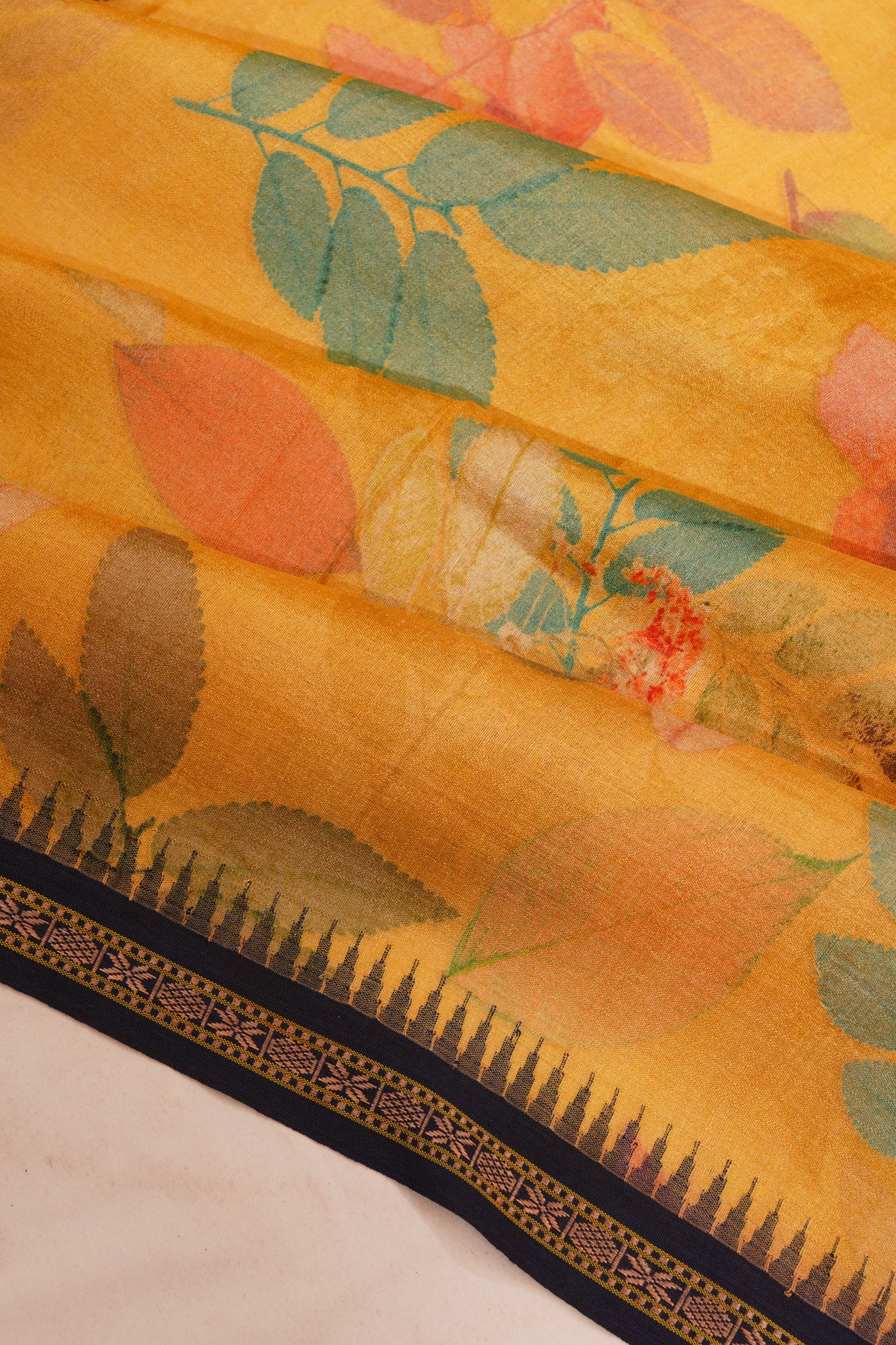 Tussar Floral Printed Yellow Saree