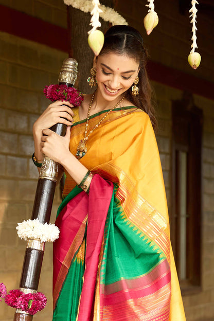 Kanchipuram Silk Plain Green Saree With Ganga Jamuna Border