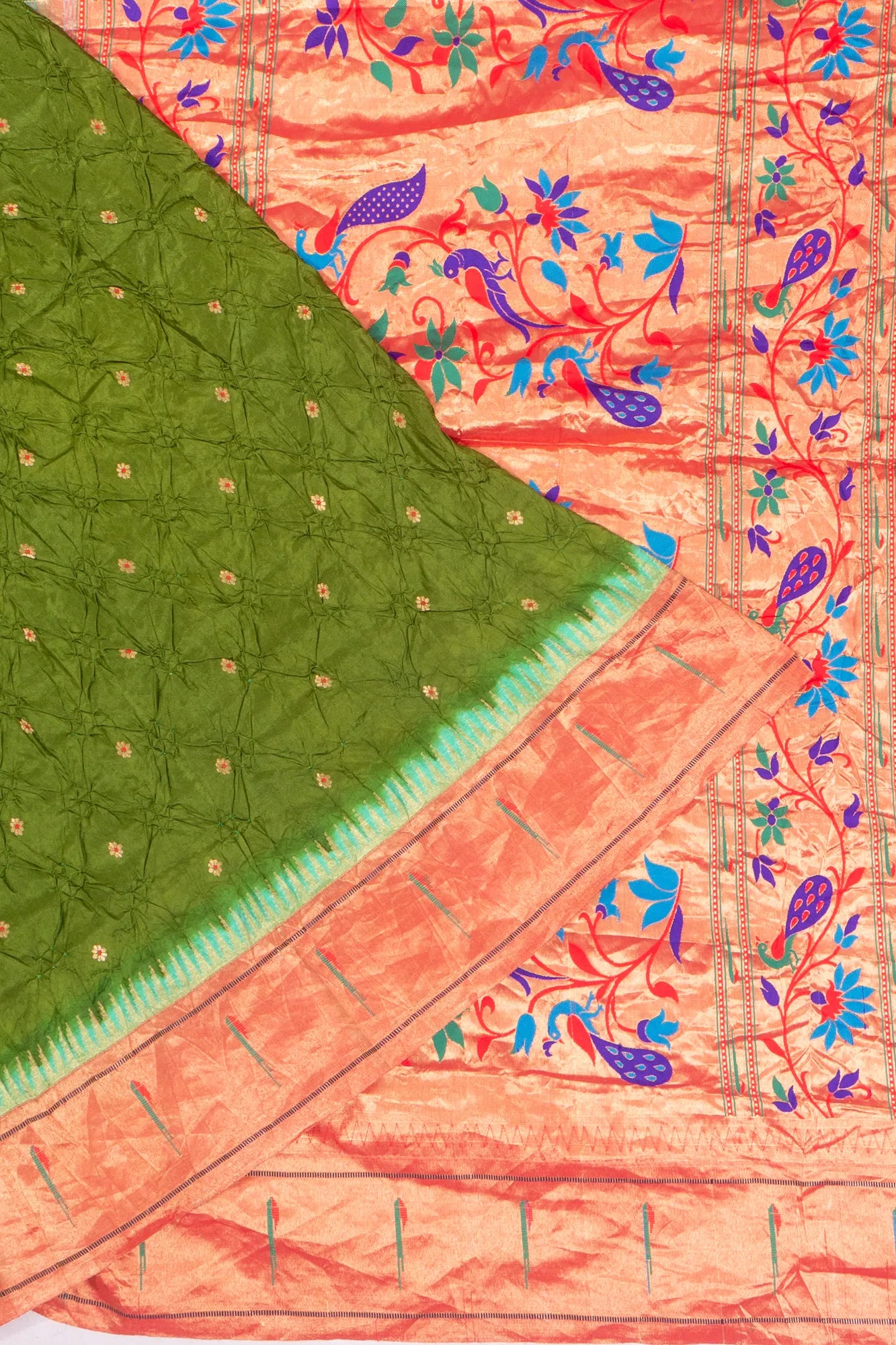 Muniya Silk X Bandhani And Butta Green Saree With Paithani Inspired Single Muniya Border