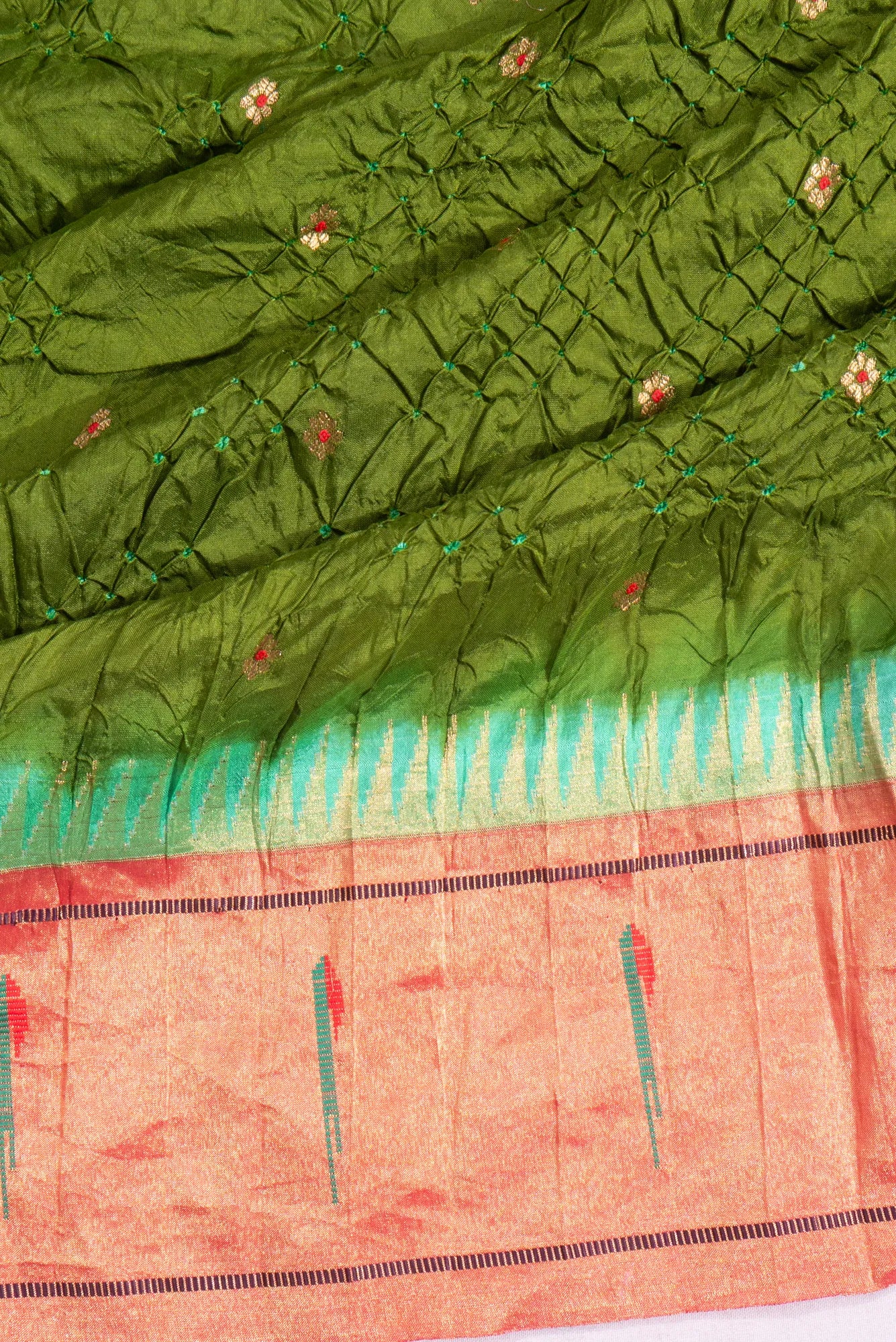 Muniya Silk X Bandhani And Butta Green Saree With Paithani Inspired Single Muniya Border
