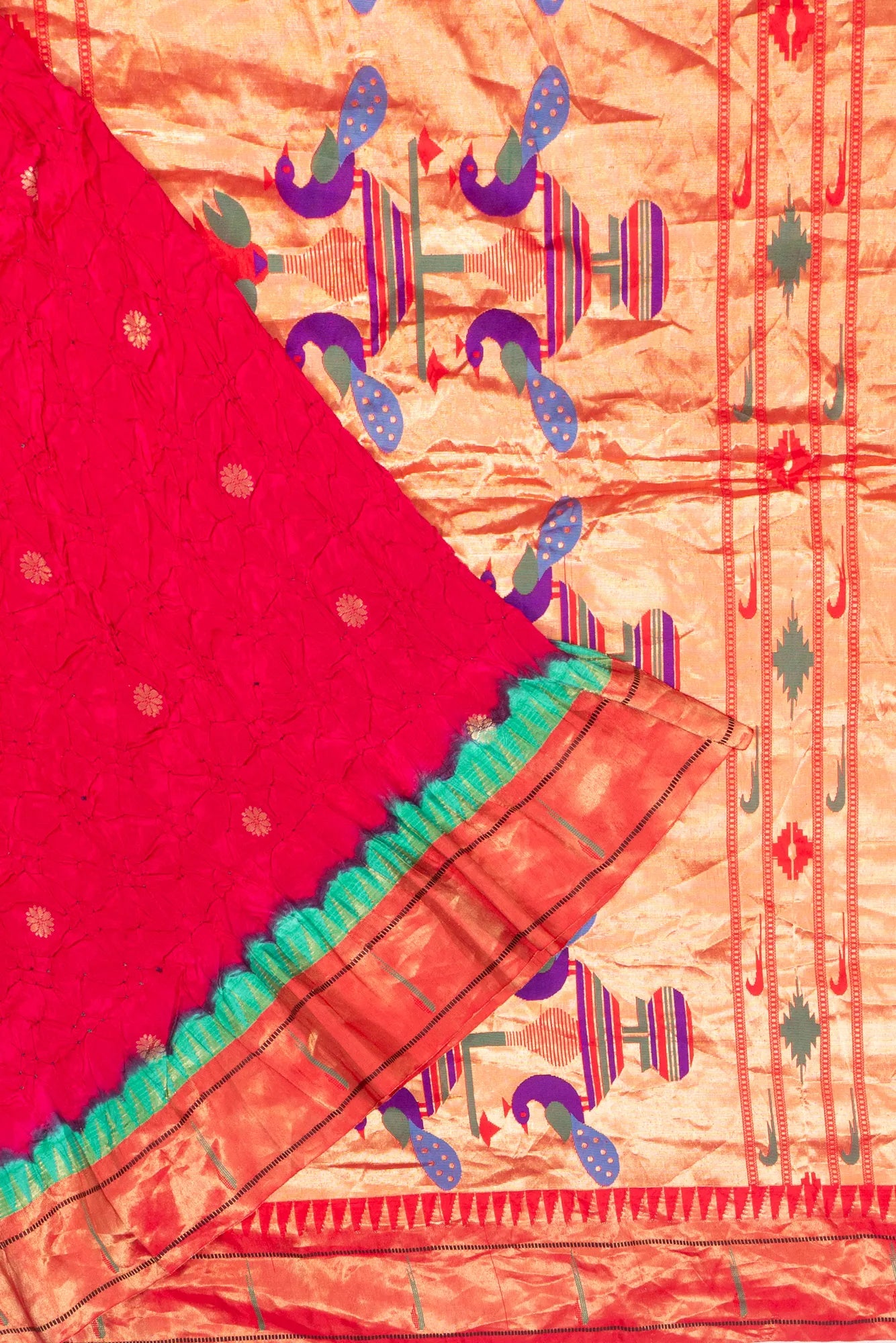 Muniya Silk X Bandhani And Butta Red Saree With Paithani Inspired Single Muniya Border