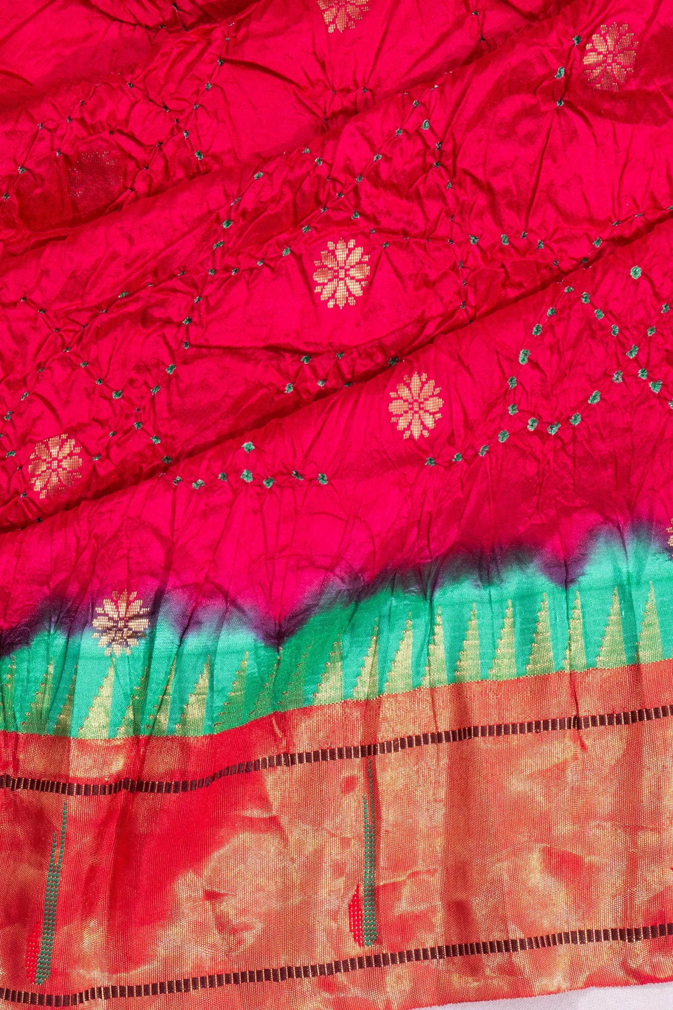 Muniya Silk X Bandhani And Butta Red Saree With Paithani Inspired Single Muniya Border