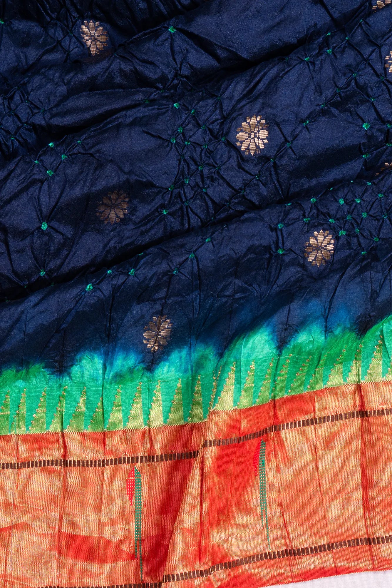 Muniya Silk X Bandhani And Butta Dark Blue Saree With Paithani Inspired Single Muniya Border
