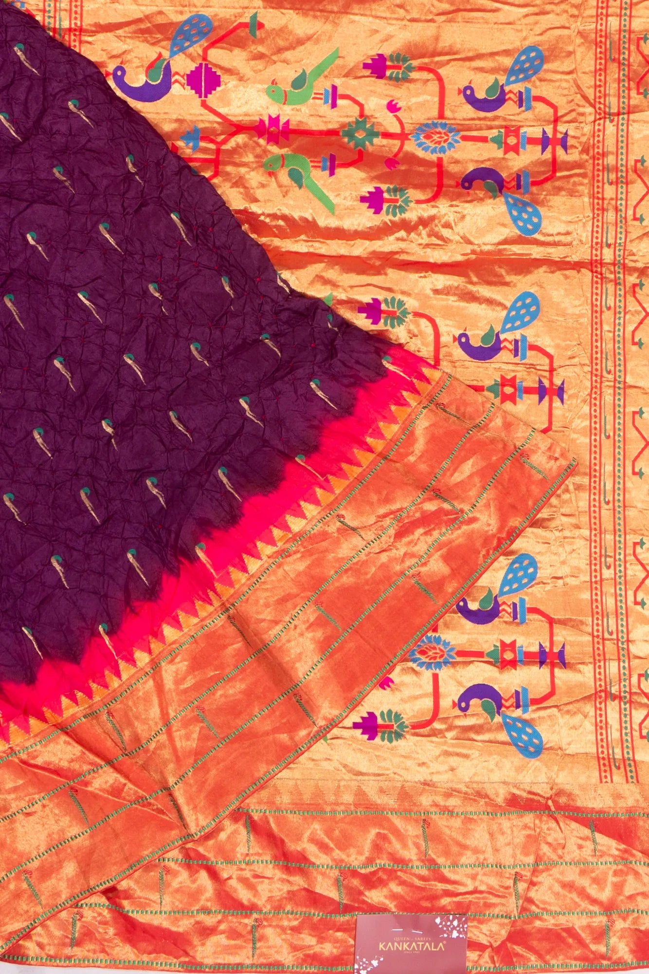 Muniya Silk X Bandhani And Butta Purple Saree With Paithani Inspired Triple Muniya Border