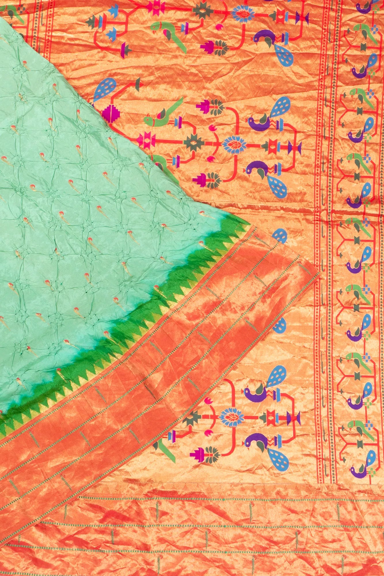 Muniya Silk X Bandhani And Butta Sea Green Saree With Paithani Inspired Triple Muniya Border