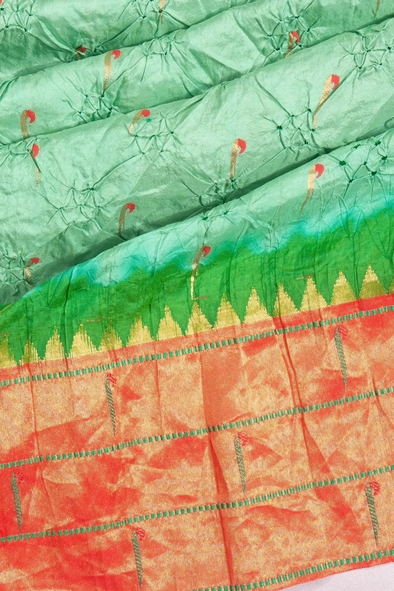 Muniya Silk X Bandhani And Butta Sea Green Saree With Paithani Inspired Triple Muniya Border