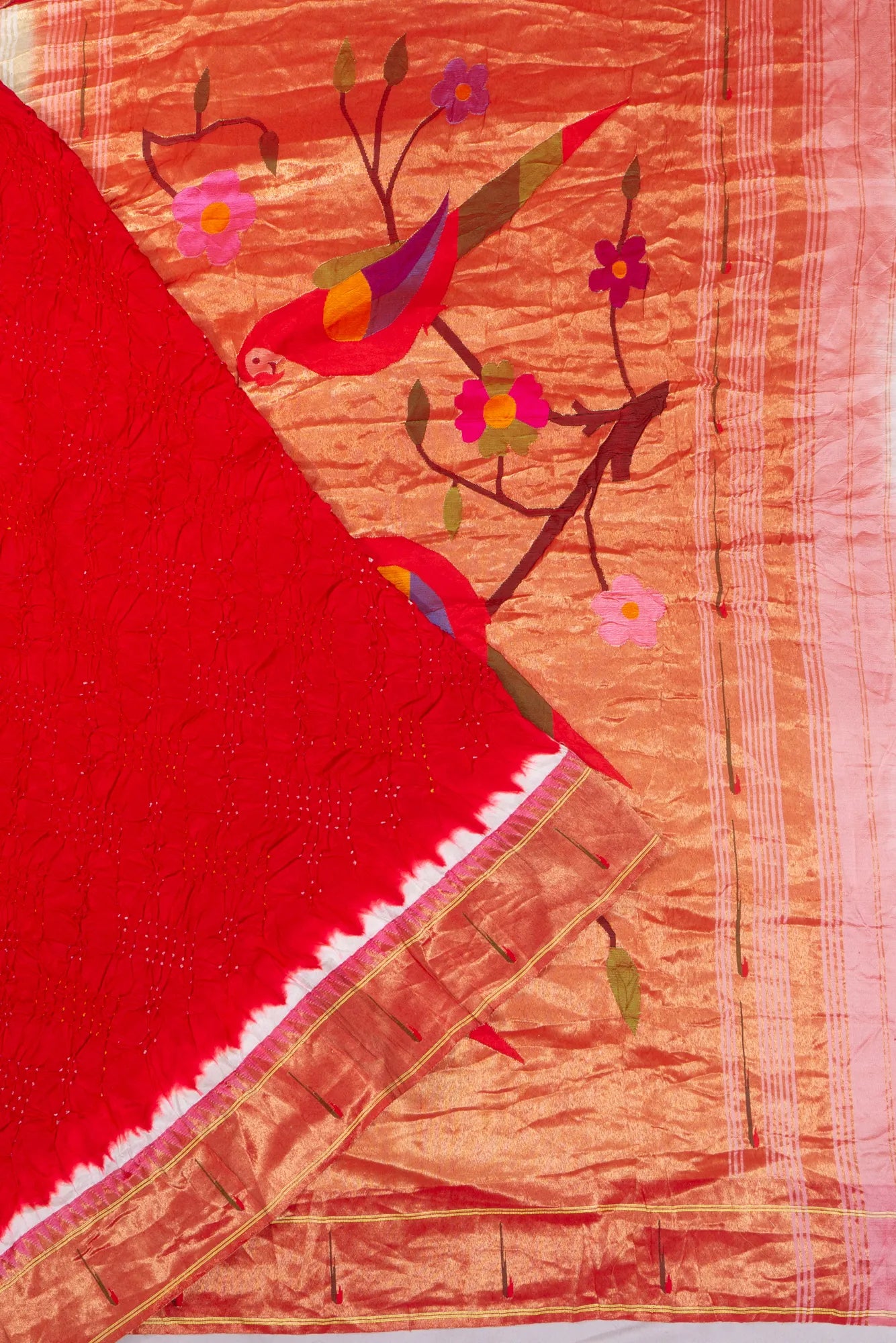 Paithani Silk X Bandhani Plain Red Saree With Single Muniya Border