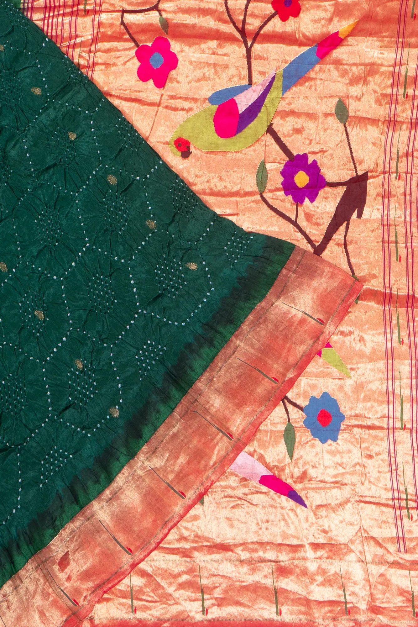 Paithani Silk X Bandhani Butta Dark Green Saree With Single Muniya Border