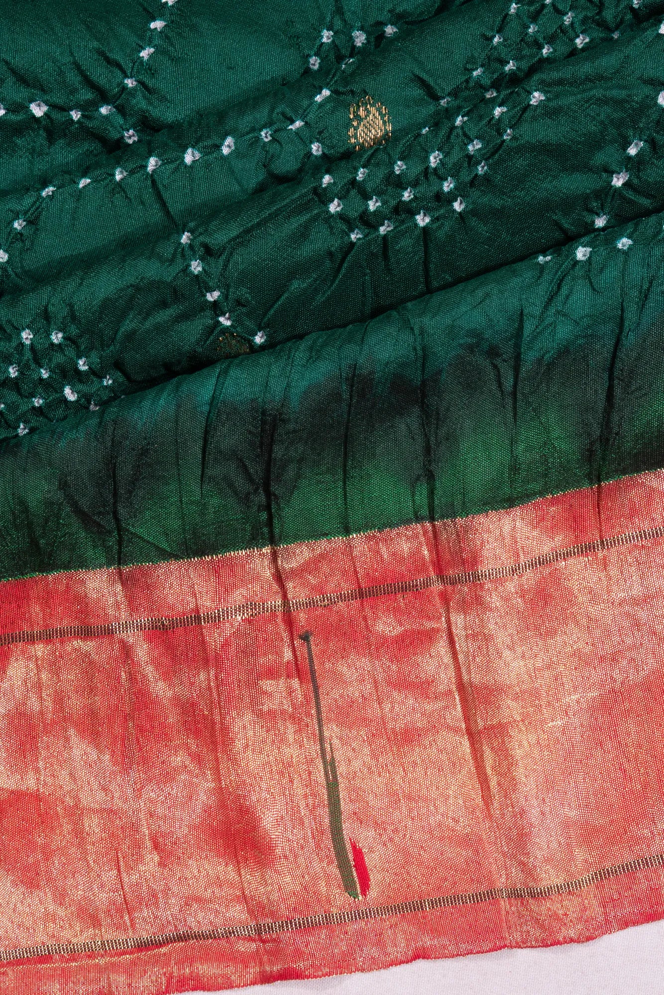 Paithani Silk X Bandhani Butta Dark Green Saree With Single Muniya Border