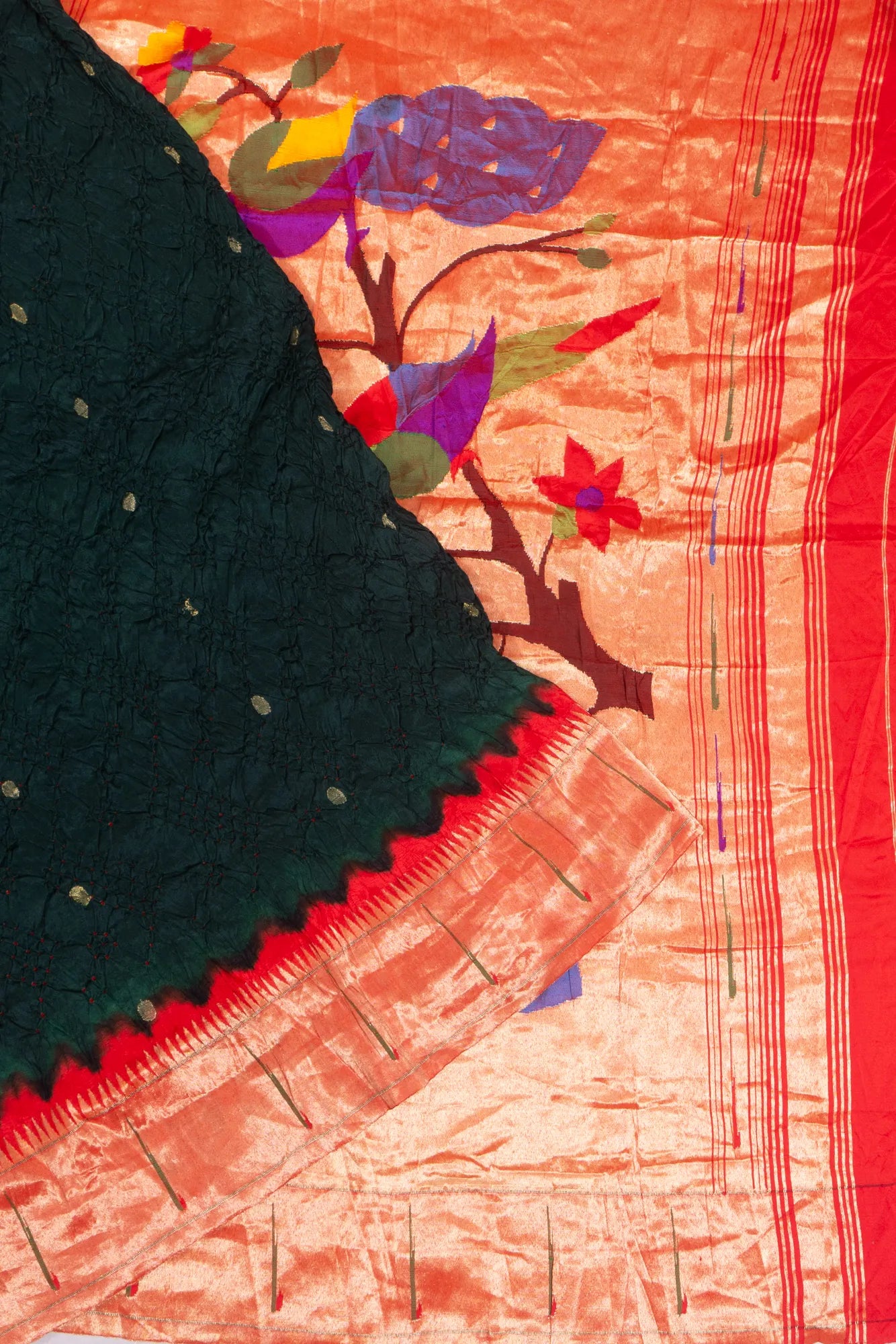 Paithani Silk X Bandhani Butta Bottle Green Saree With Single Muniya Border