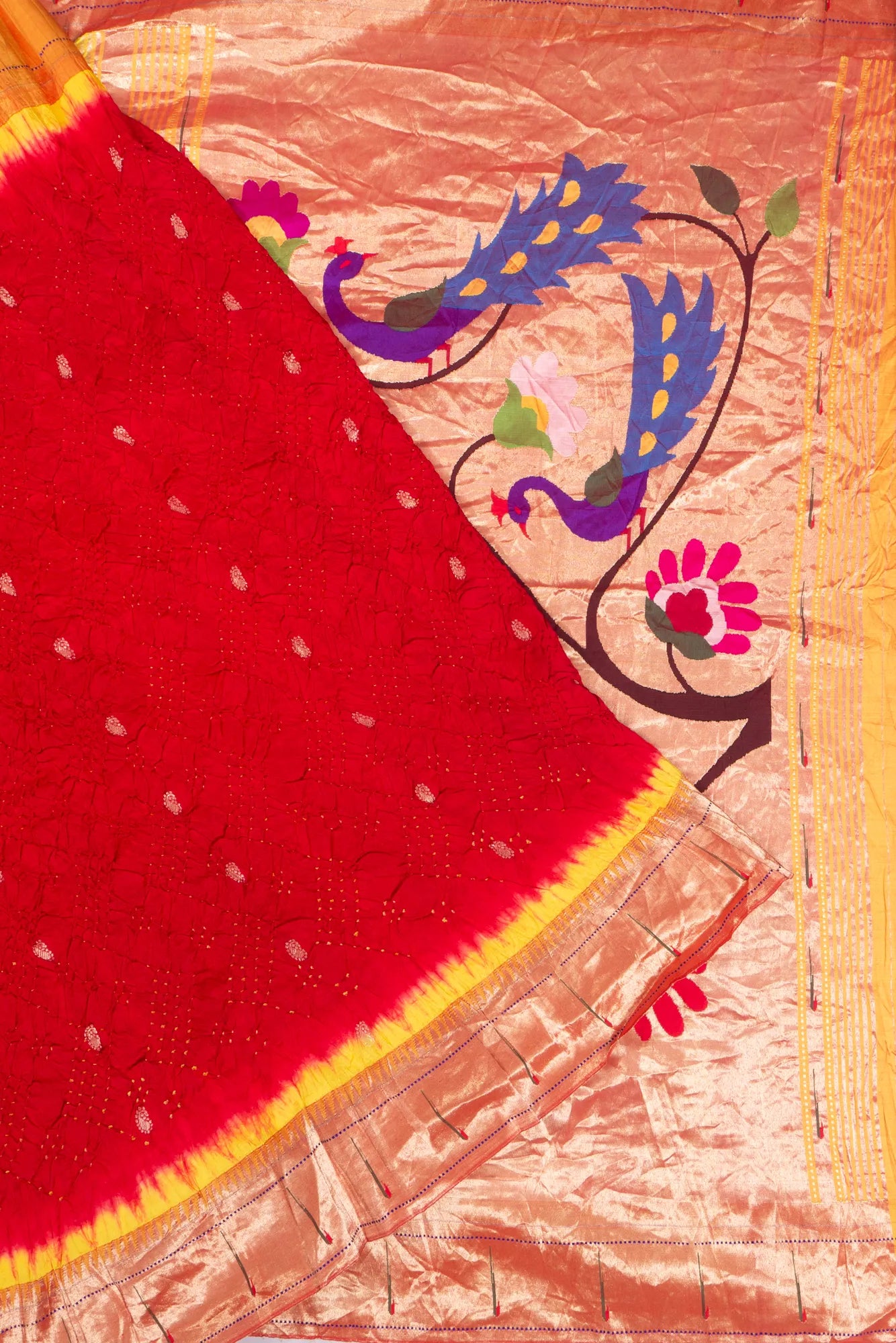 Paithani Silk X Bandhani Butta Red Saree With Single Muniya Border
