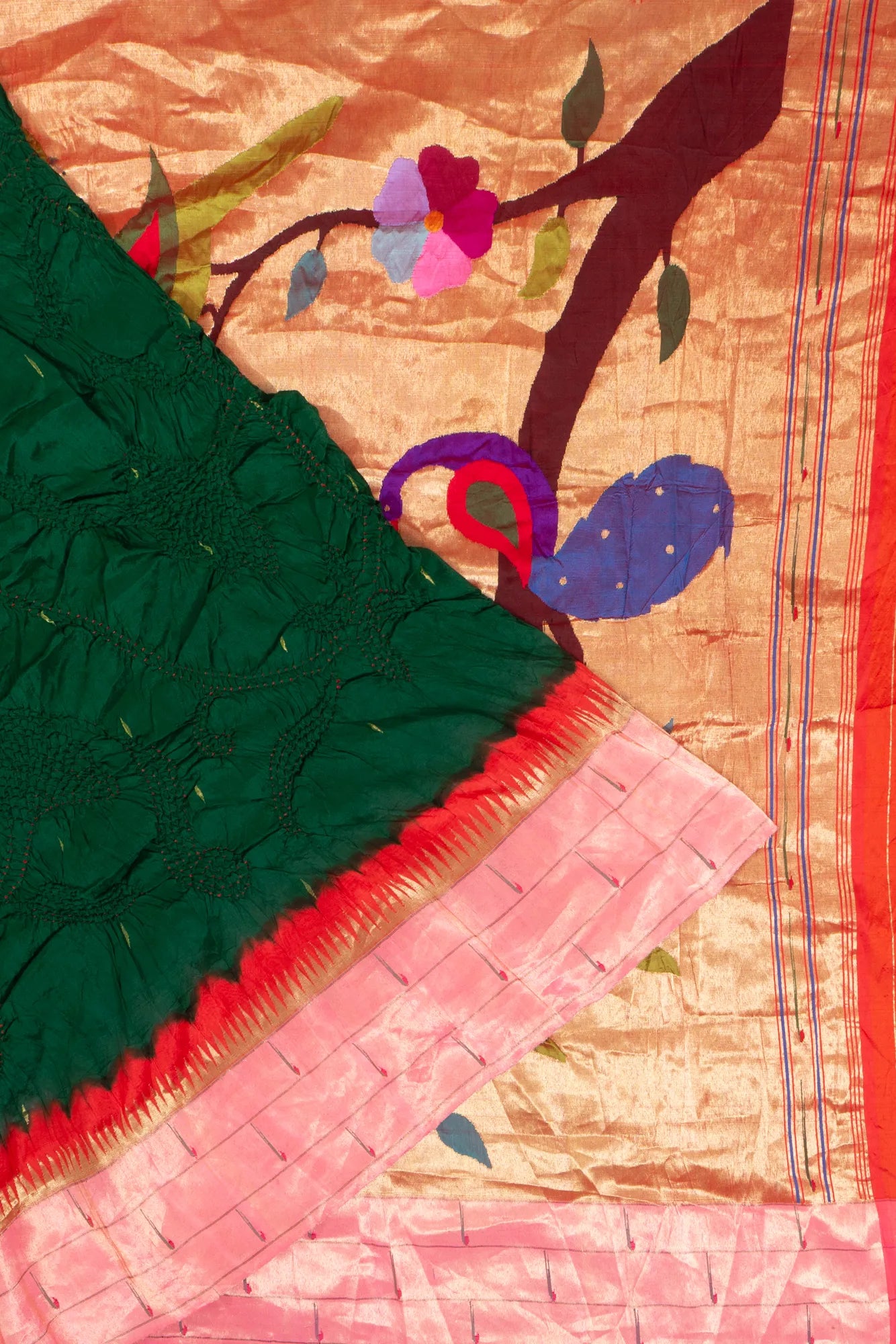 Paithani Silk X Bandhani And Butta Dark Green Saree With Triple Muniya Border