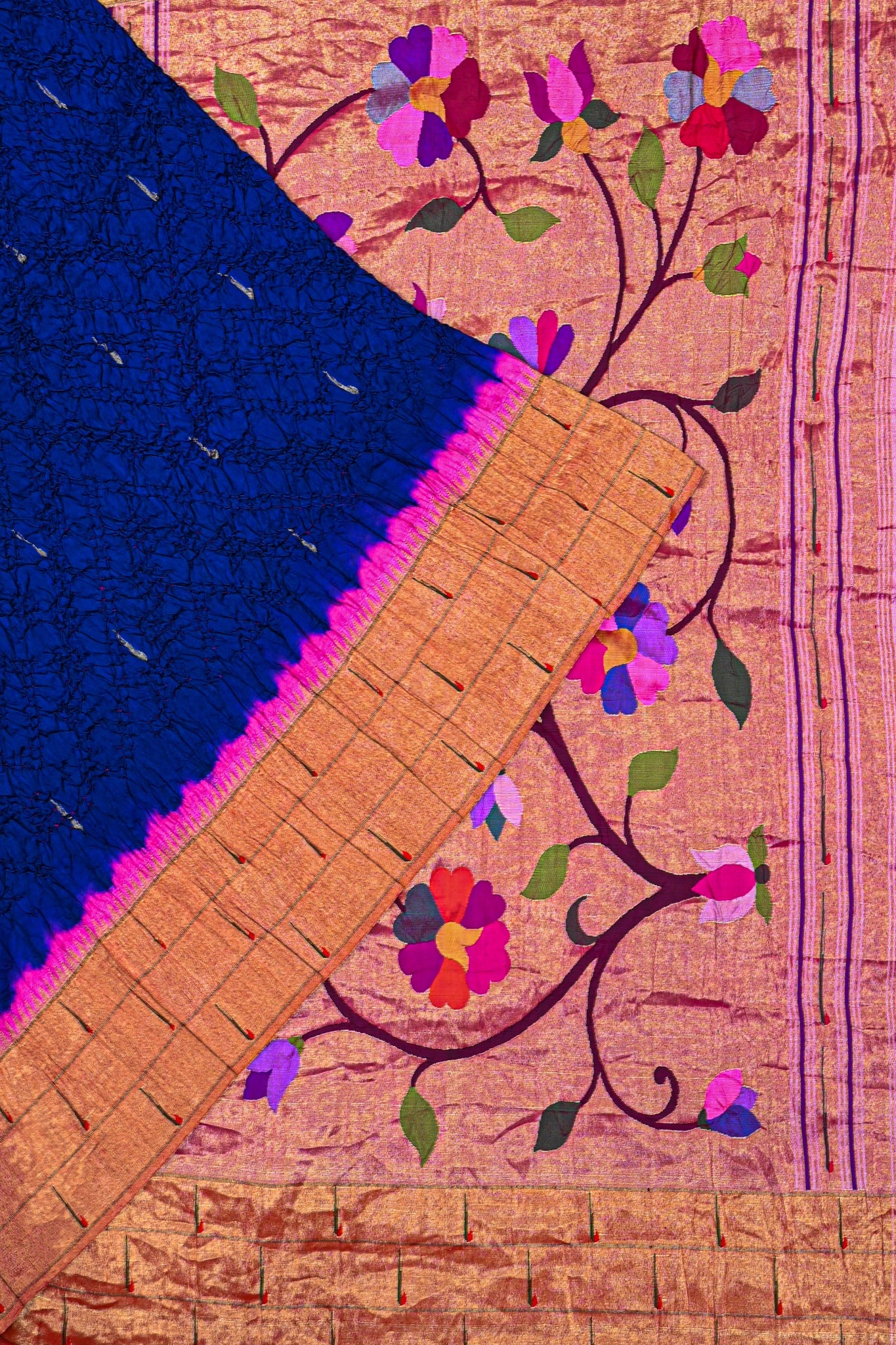 Paithani Silk Muniya Butta Bandhani Royal Blue Saree With Triple Muniya Border