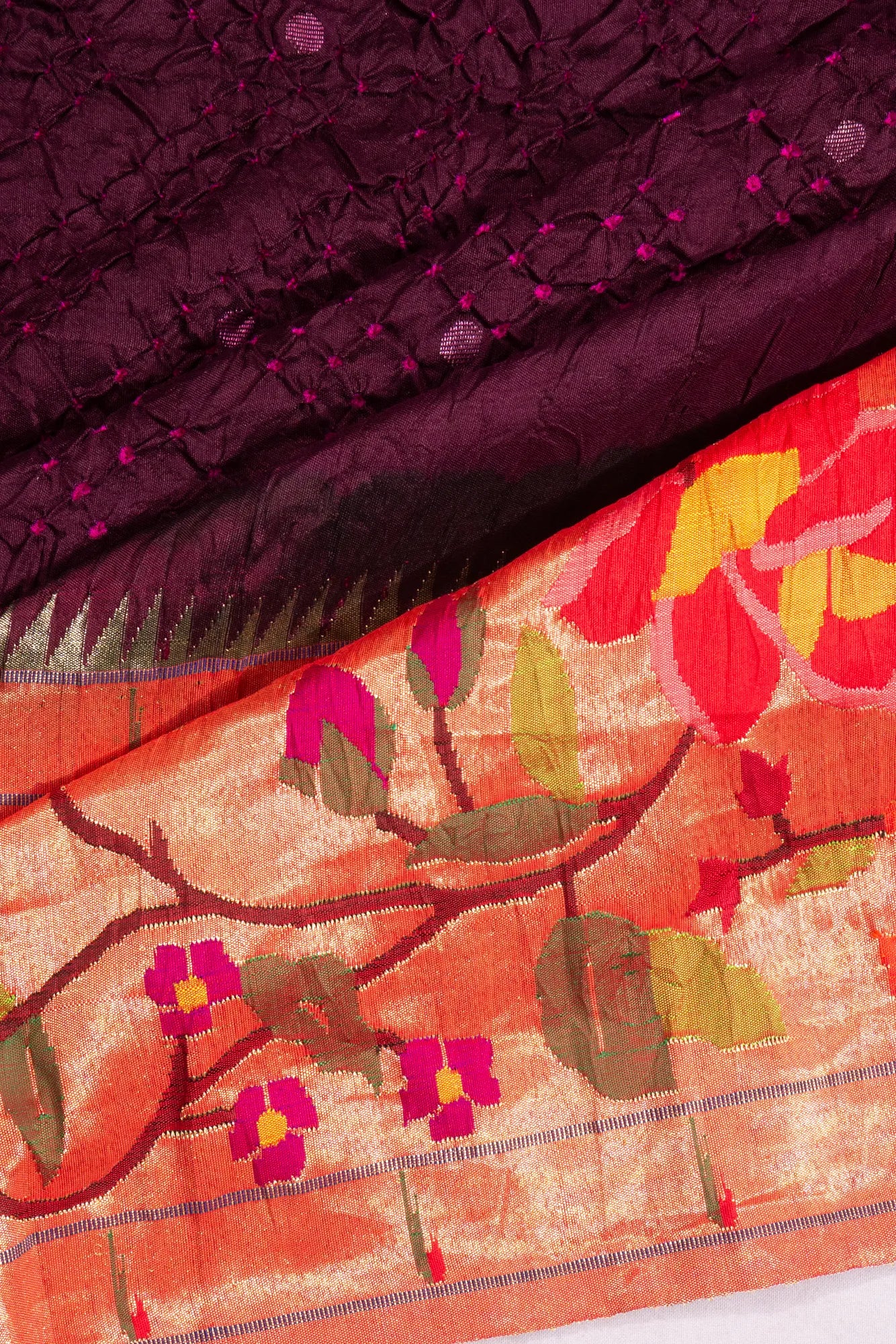 Paithani Silk X Bandhani Butta Burgundy Saree With Big Border