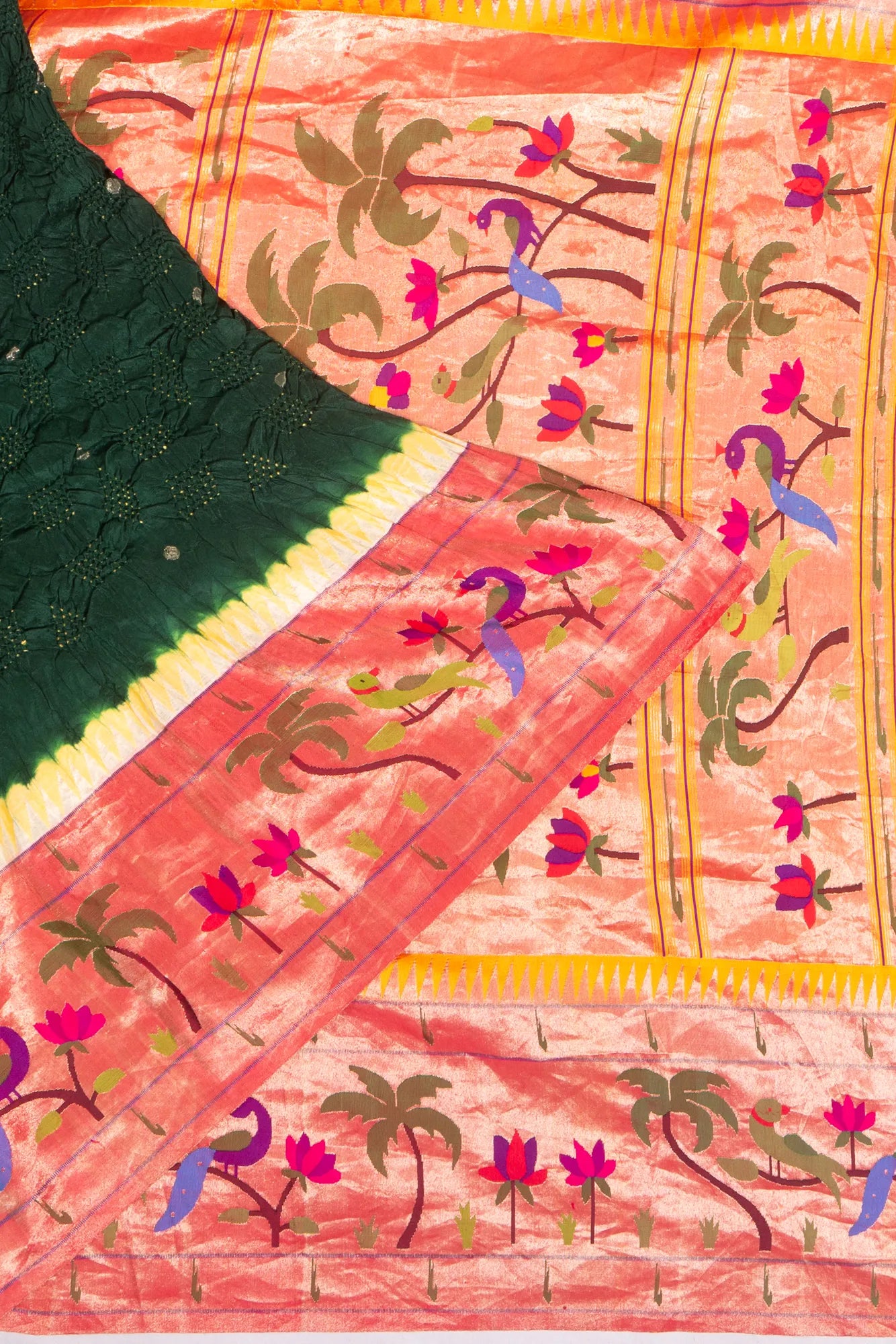 Paithani Silk X Bandhani Butta Dark Green Saree With Big Border