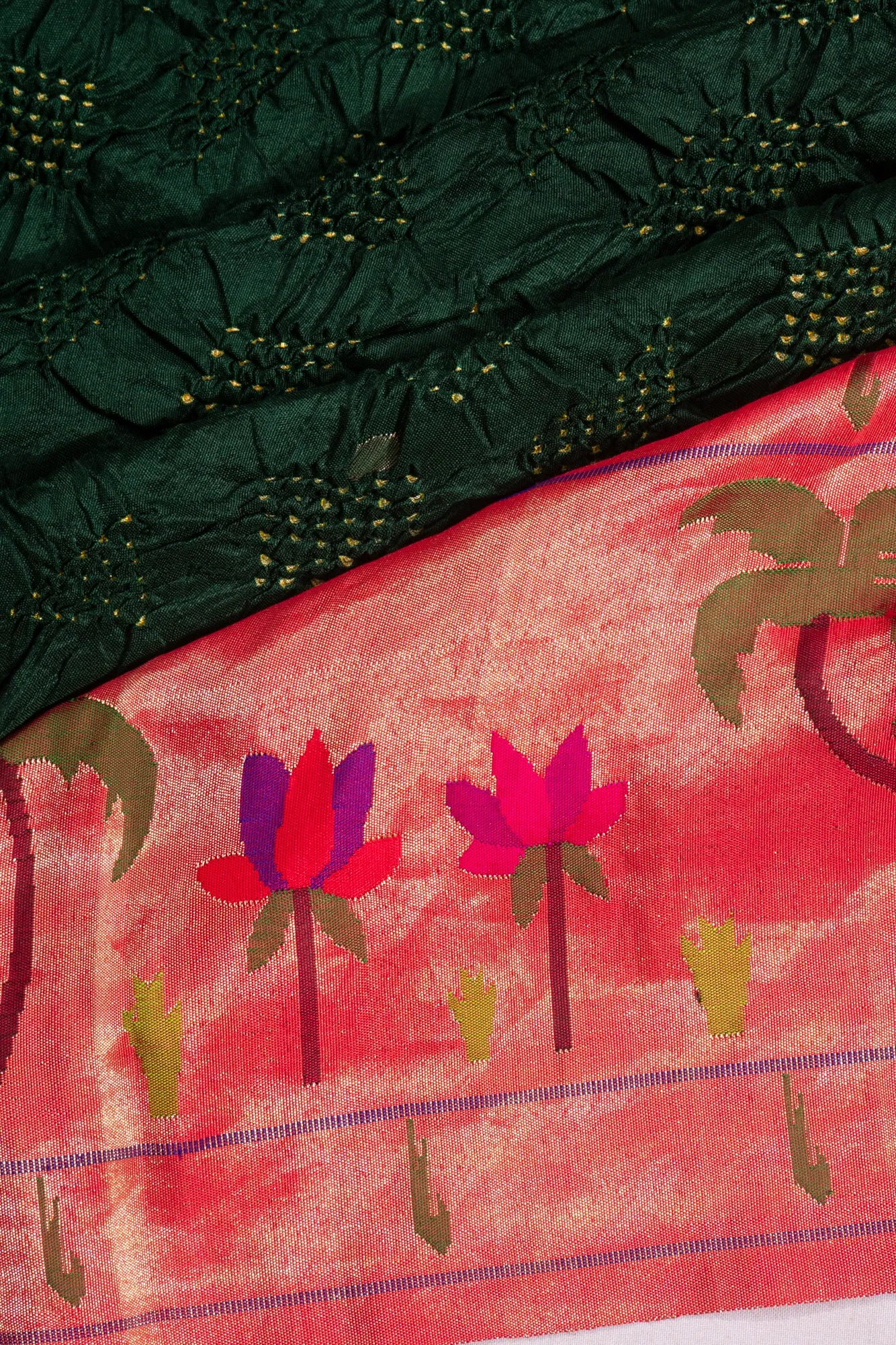 Paithani Silk X Bandhani Butta Dark Green Saree With Big Border