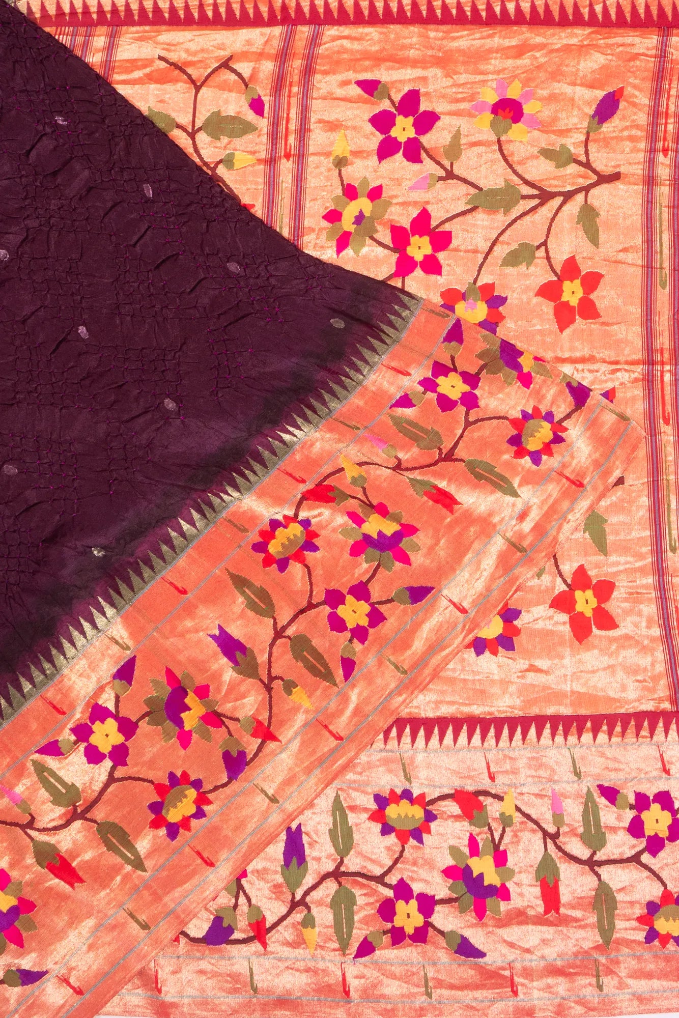 Paithani Silk X Bandhani Butta Burgundy Saree