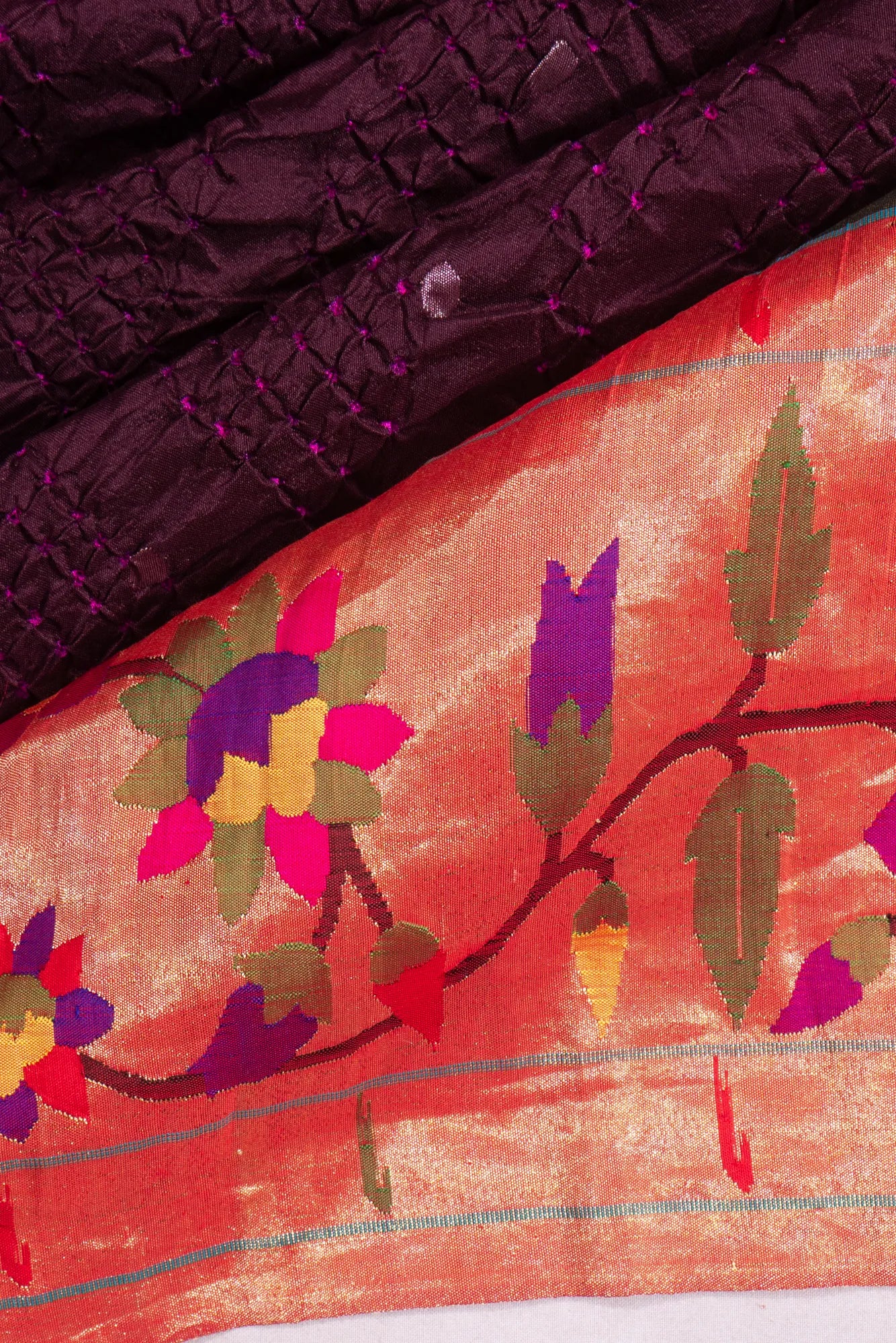 Paithani Silk X Bandhani Butta Burgundy Saree