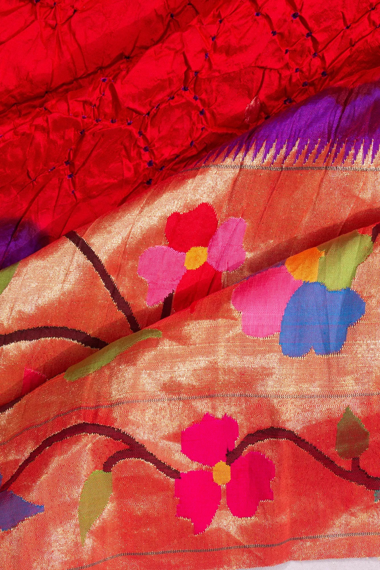 Paithani Silk X Bandhani Butta Red Saree With Big Border