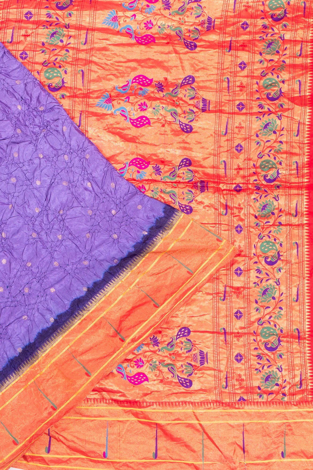 Muniya Silk X Bandhani Butta Violet Saree With Paithani Inspired Single Muniya Border