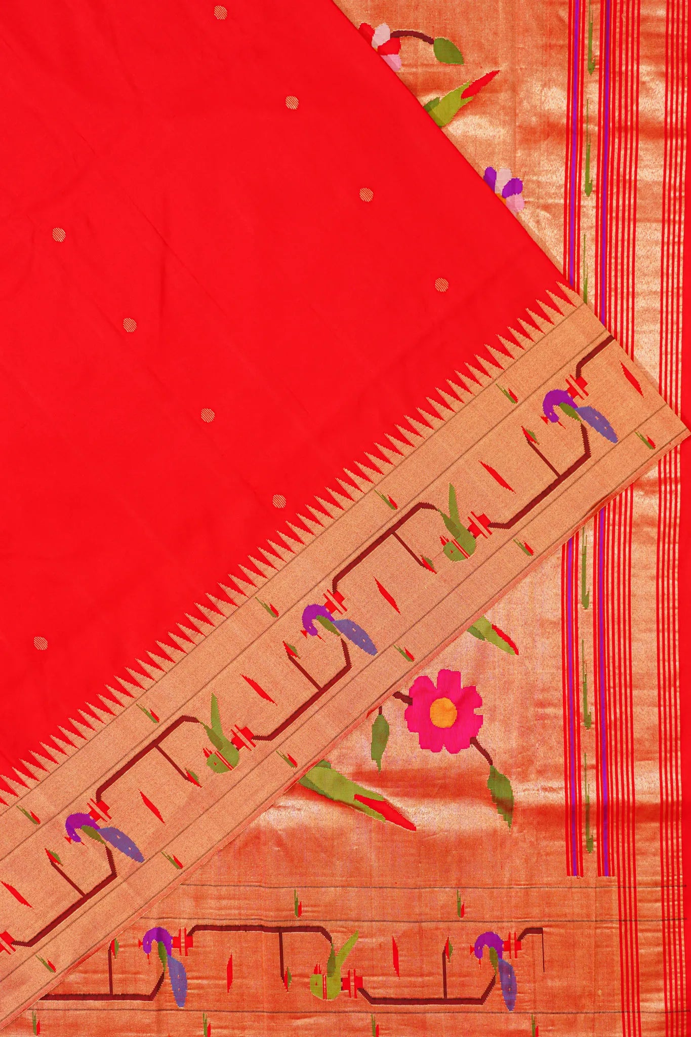 Paithani Silk Butta Red Saree With Akruthi Border