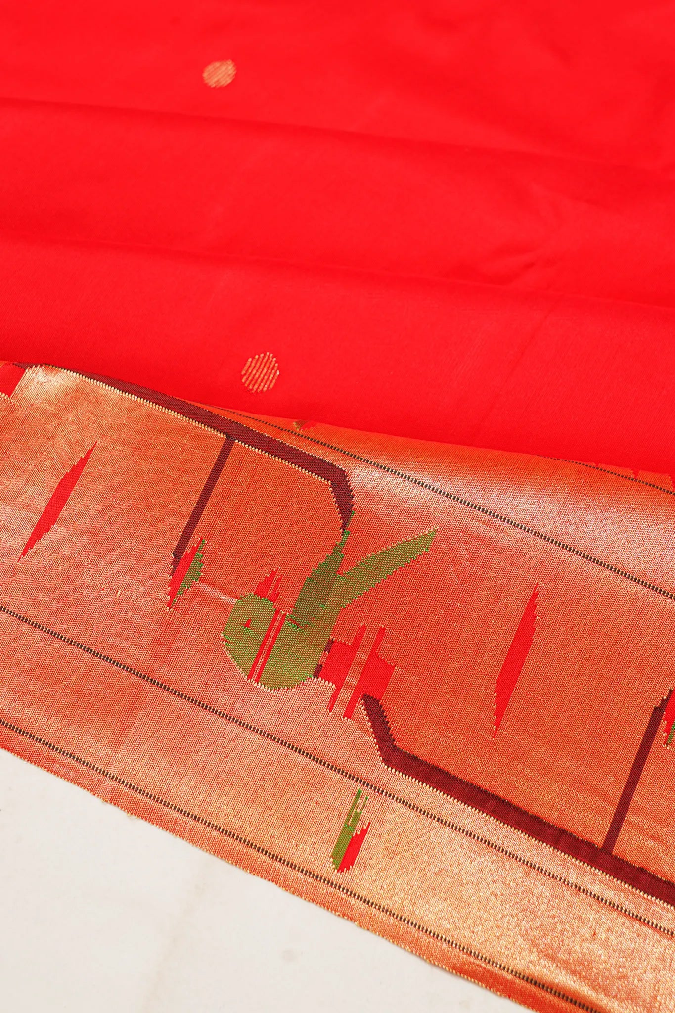 Paithani Silk Butta Red Saree With Akruthi Border