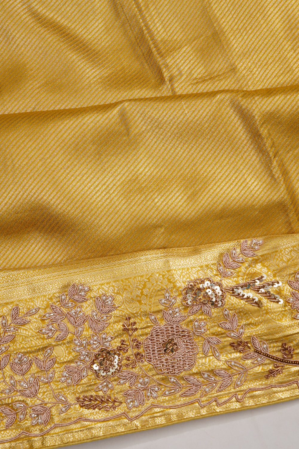 Kanchipuram Silk Tissue Diagonal Lines Gold Saree With Zardosi Work