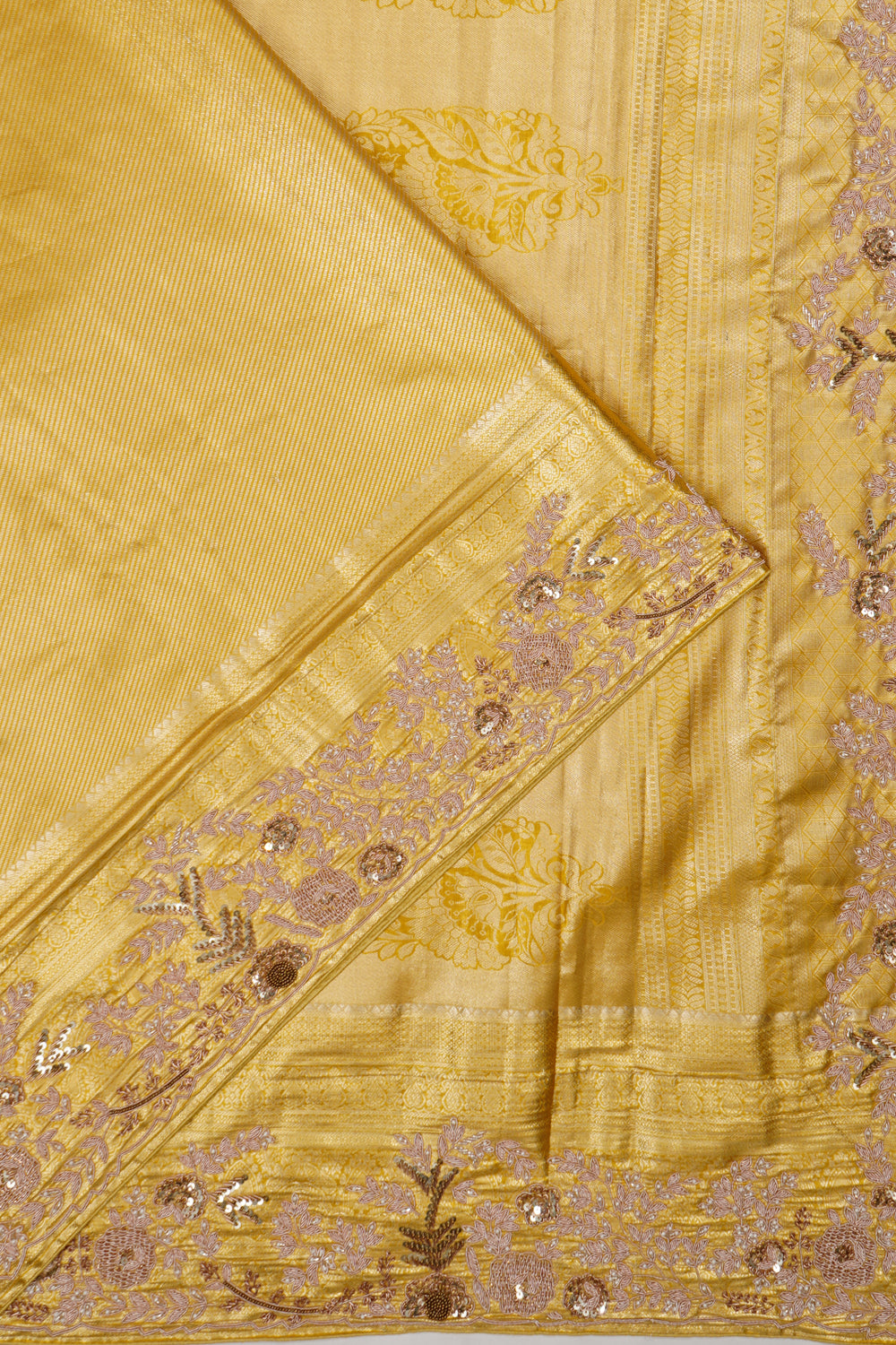 Kanchipuram Silk Tissue Diagonal Lines Gold Saree With Zardosi Work